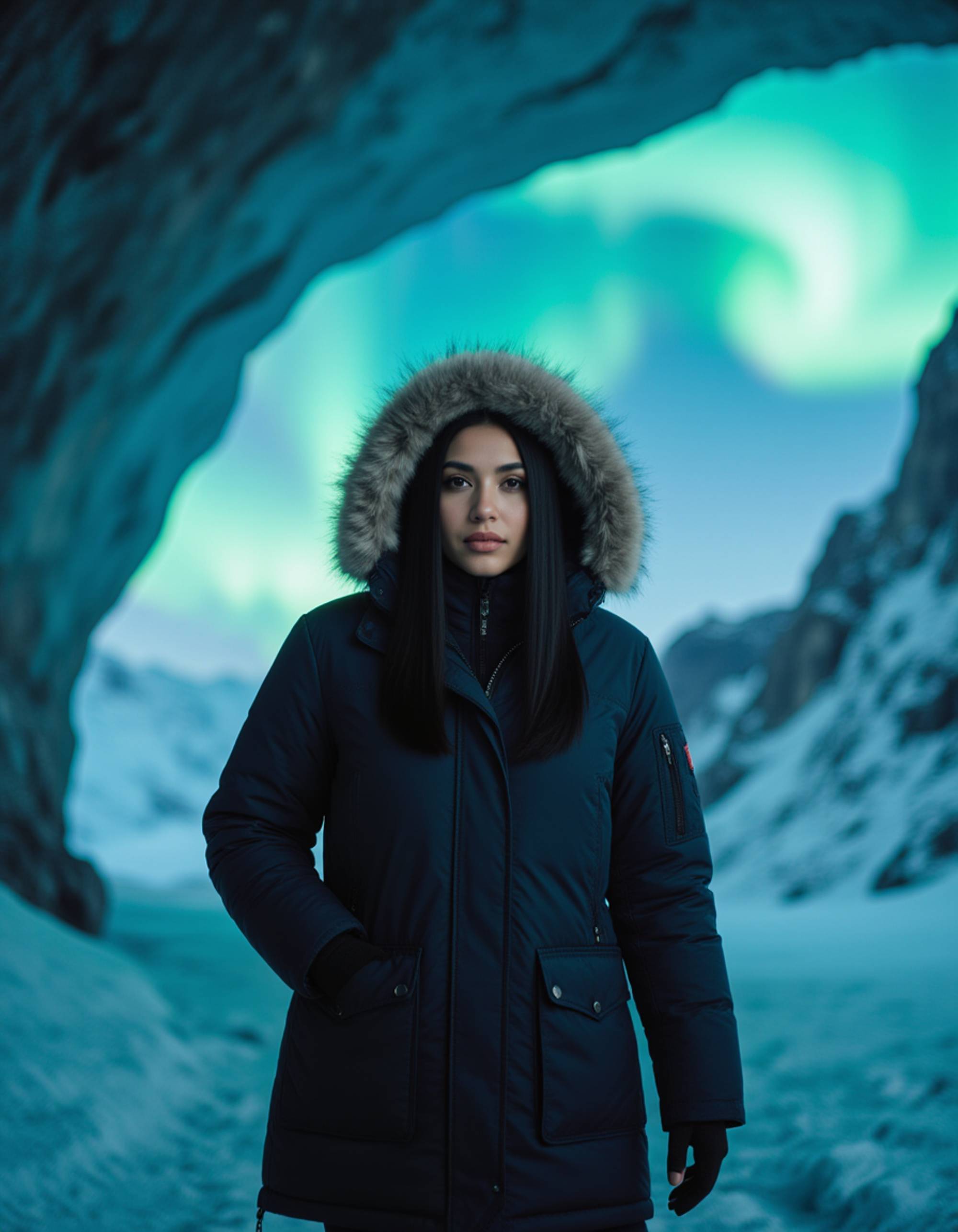 Ultra realistic photograph of model as Arctic Explorer in fur-lined parka, ice cave with blue glacial formations, northern lights overhead, National Geographic expedition aesthetic, freezing mist