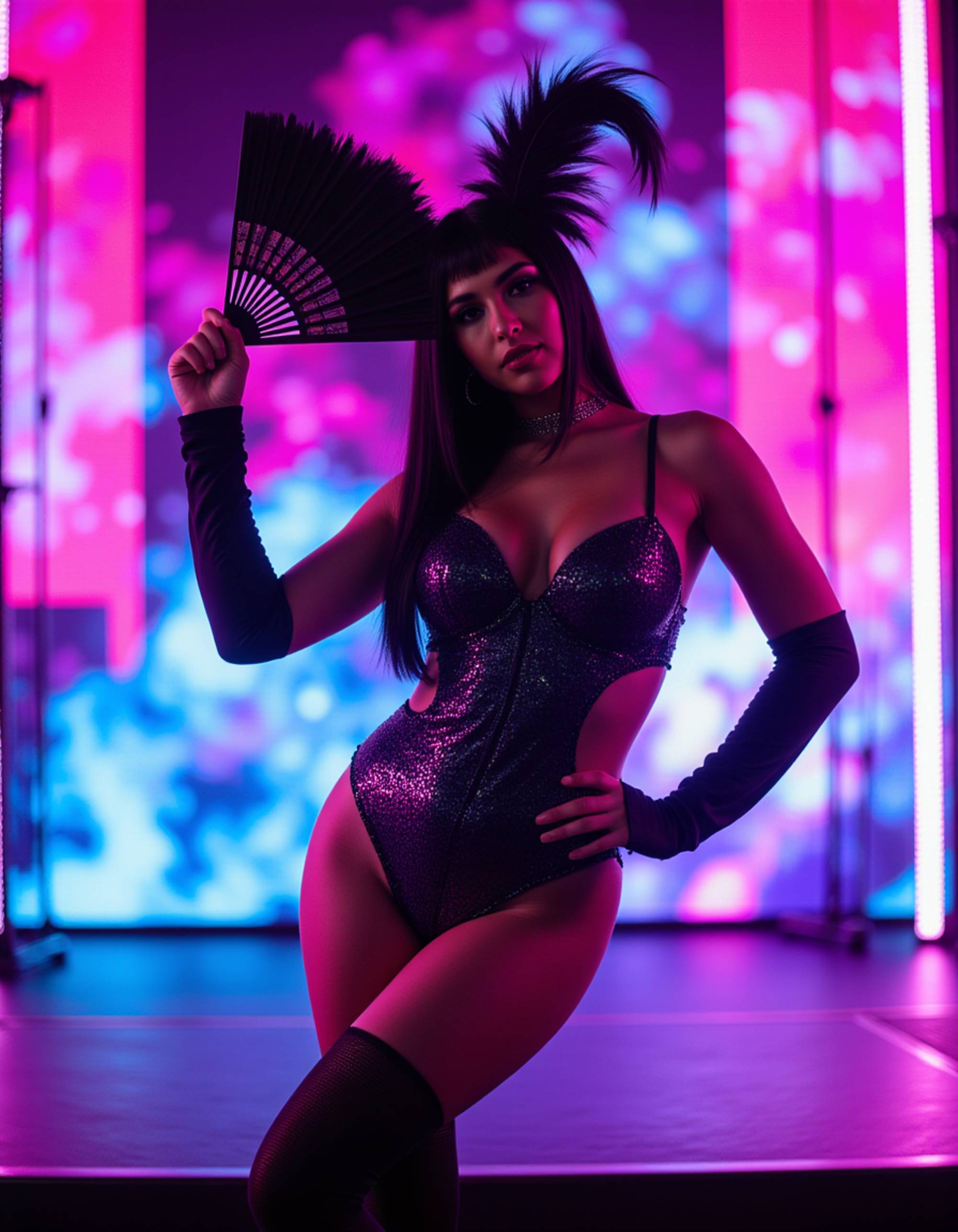 model as Neon Cabaret Performer in sequined costume with feather fan, holographic stage backdrop, electric pink and cyan lighting, futuristic burlesque style, volumetric light beams