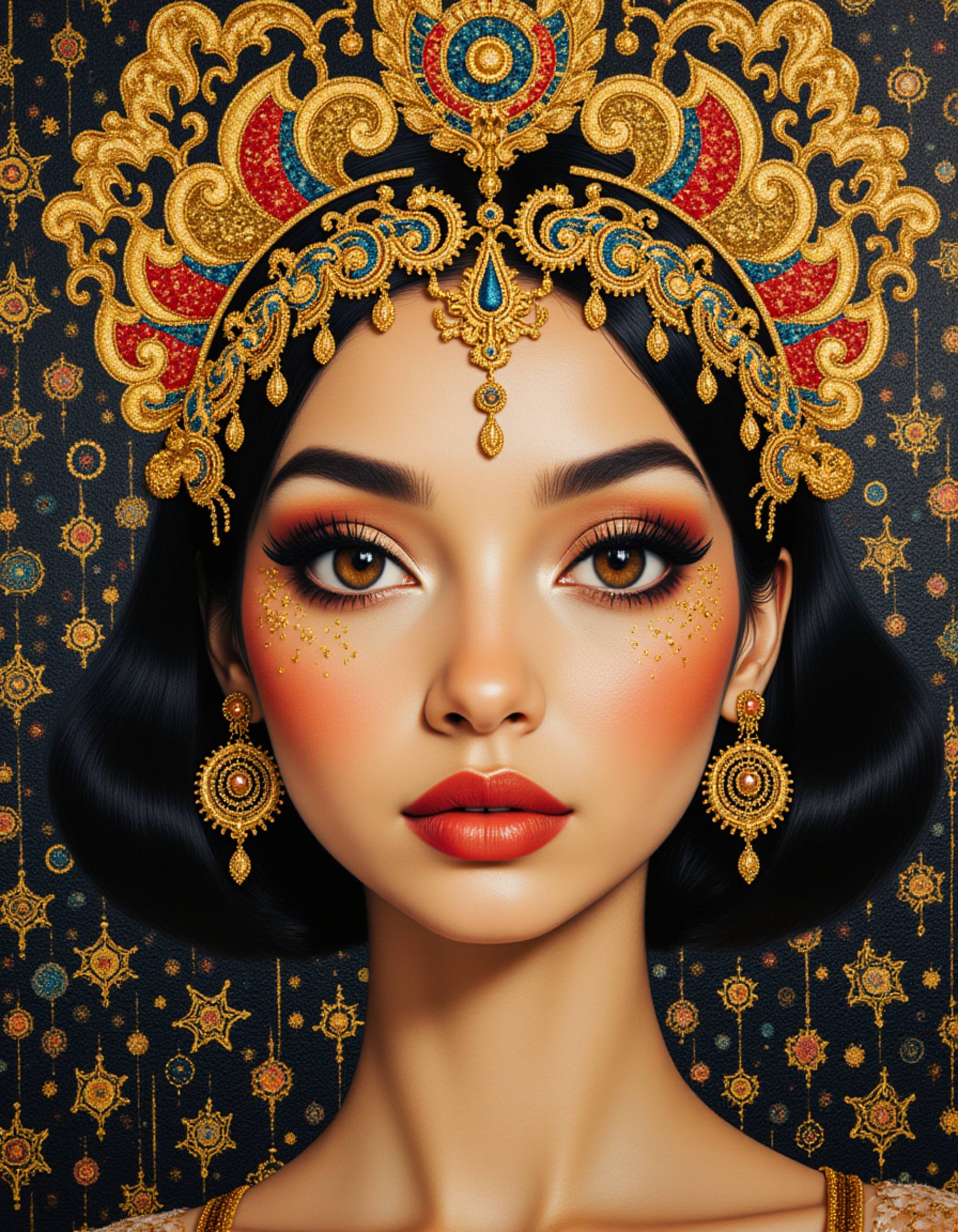 model in style of Klimt, golden ornamental patterns and spirals, art nouveau decorative elements, Byzantine influence, oil and gold leaf on canvas, symbolist painting aesthetic