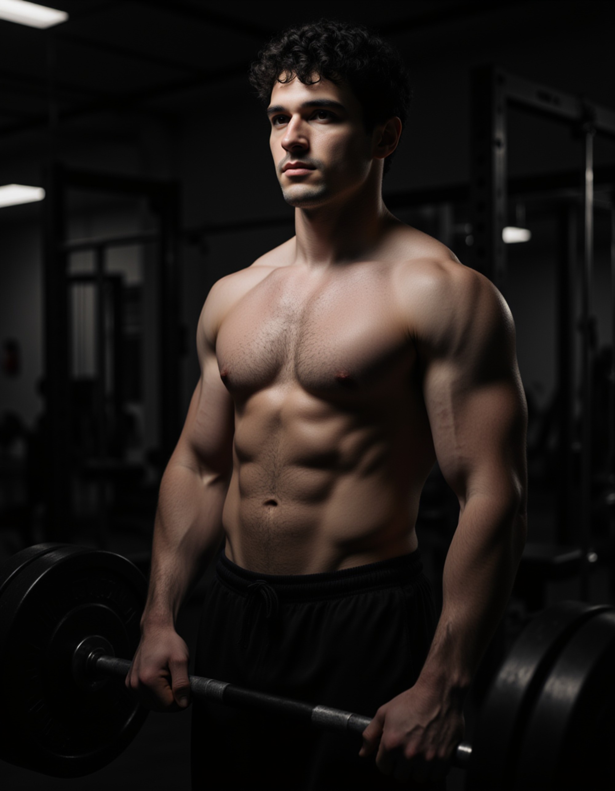masculine model with broad shoulders and defined abs, lifting heavy barbells in a dimly lit gym, wearing tank top and shorts, intense focus on face, sweat dripping, photorealistic, high contrast lighting