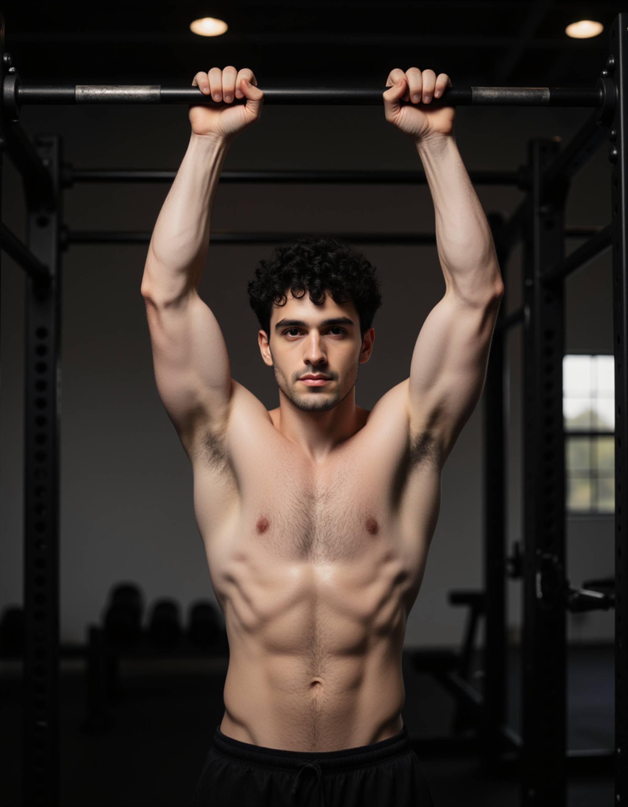 shirtless male athlete with ripped physique, performing pull-ups on a bar, veins popping on arms, gym background with weights scattered, dynamic action shot, ultra-detailed, dramatic shadows