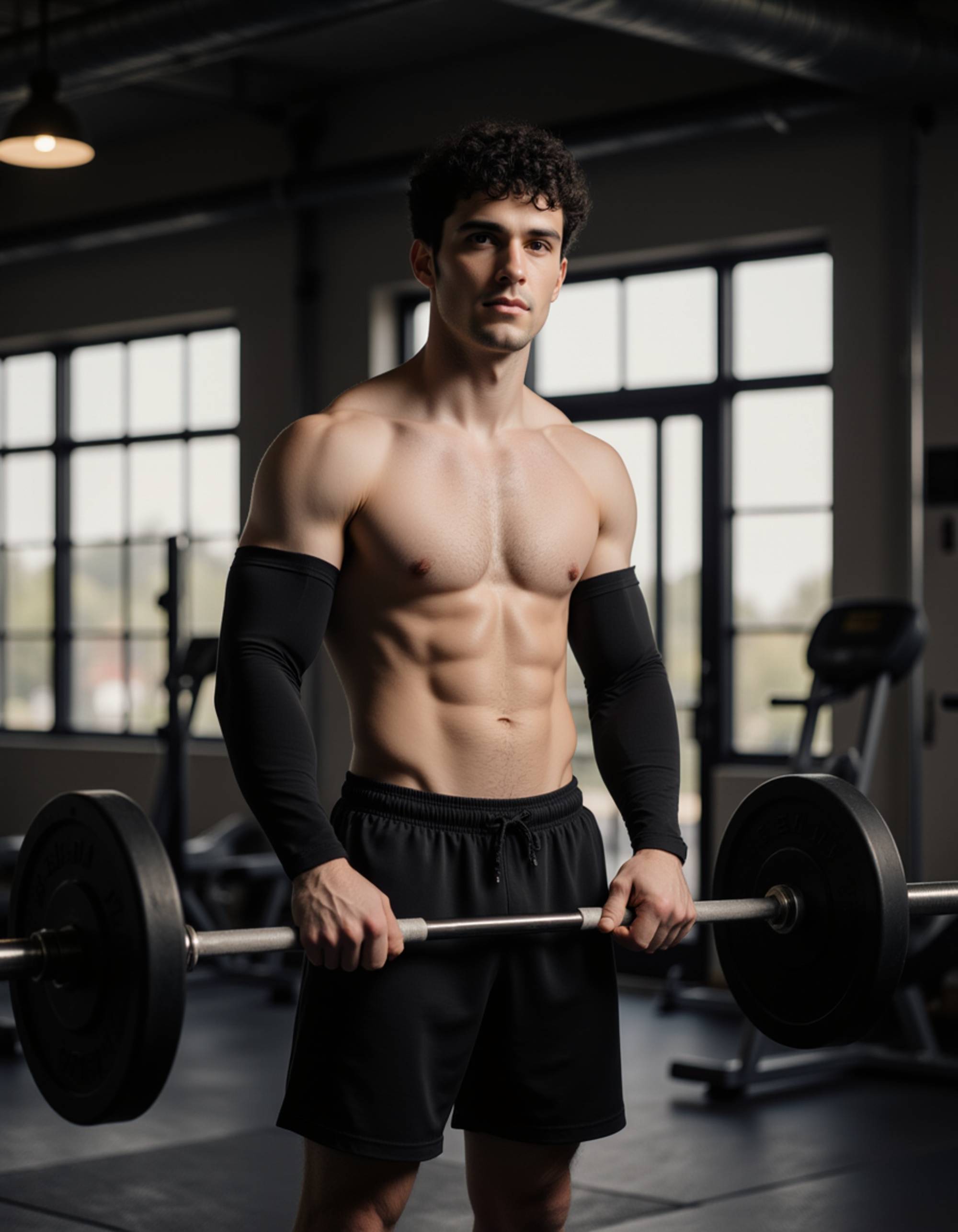 fit masculine model in gym shorts and compression sleeves, doing deadlifts, powerful stance, mirrored gym walls reflecting muscles, realistic skin texture, motivational vibe