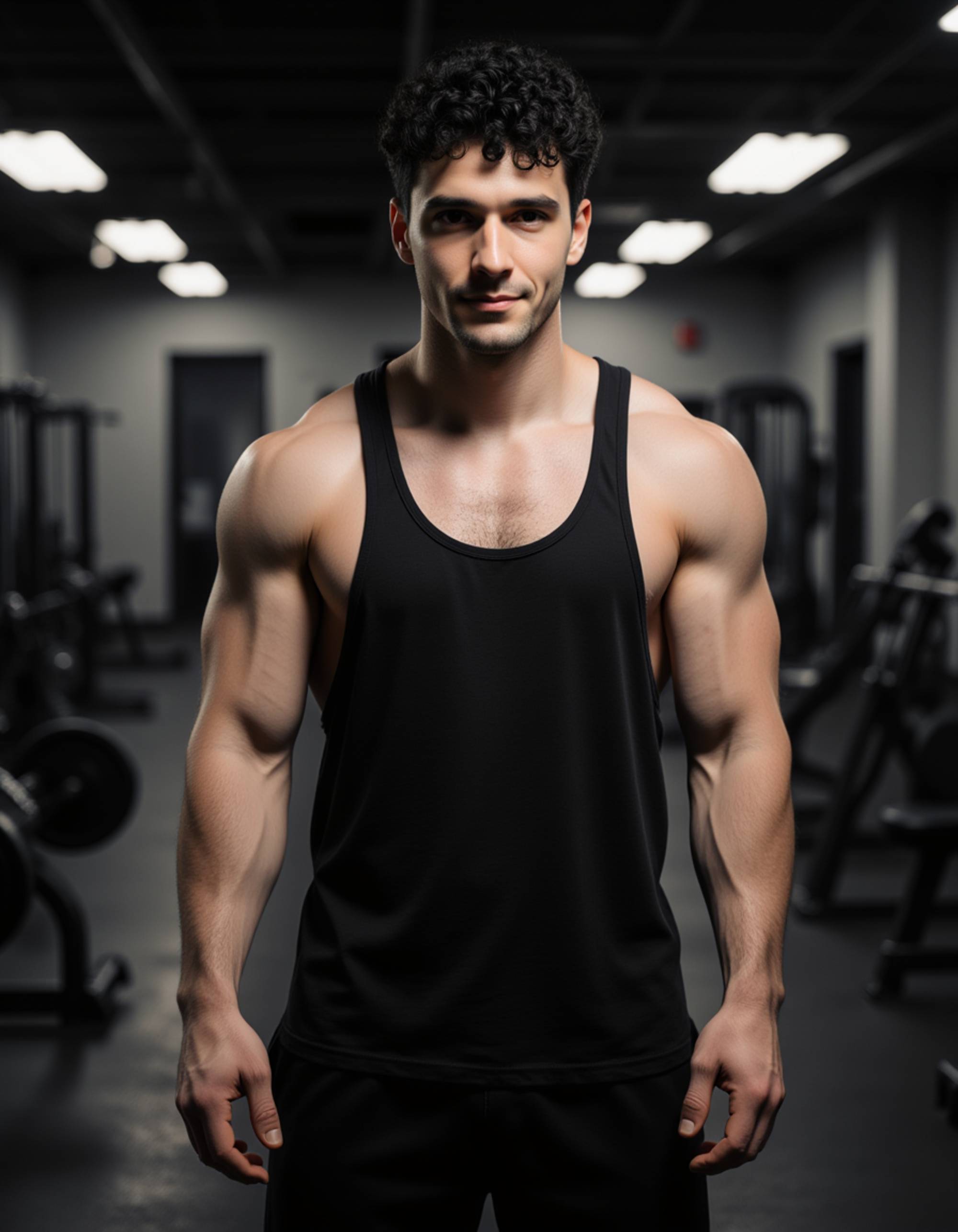 muscular male bodybuilder posing after workout, wearing loose tank top and joggers, glistening with sweat under gym spotlights, confident smirk, hyper-realistic rendering, volumetric lighting