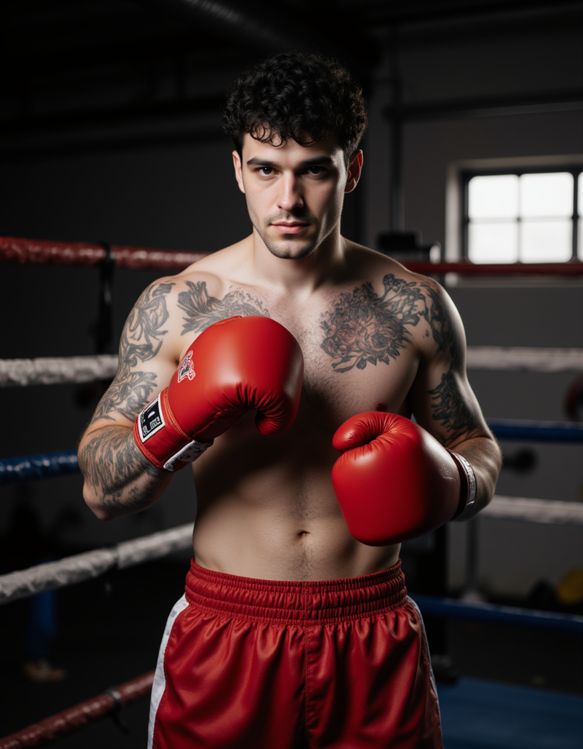 rugged masculine model with tattooed arms, boxing in a ring setup at the gym, gloves on, sweat flying, intense expression, wearing boxing shorts, cinematic style, high-speed shutter effect