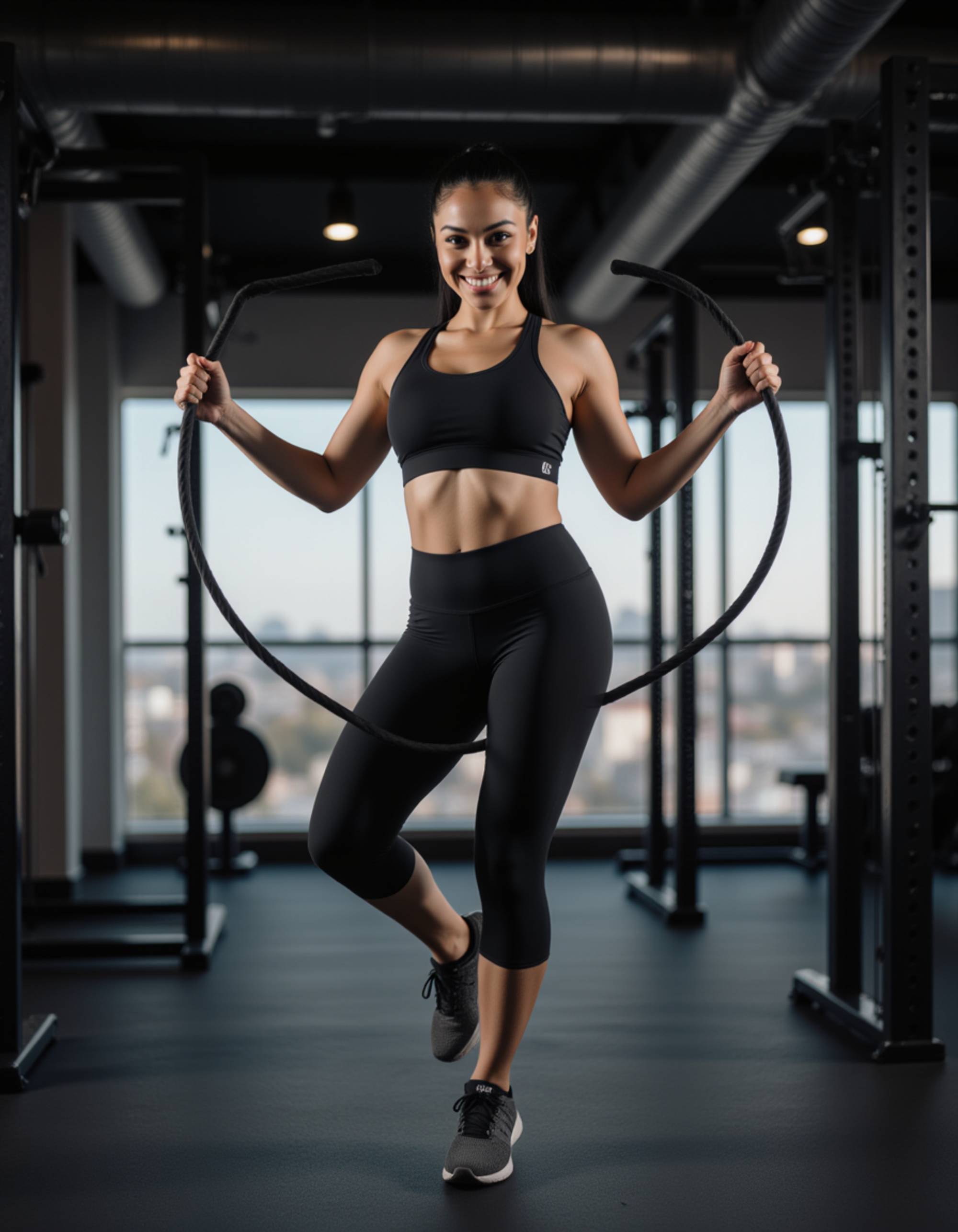 vibrant feminine model with athletic curves, jumping rope in the gym corner, sports bra and capri leggings, joyful expression mid-air, blurred ropes for motion, bright overhead lights, cinematic photorealism, empowering vibe
