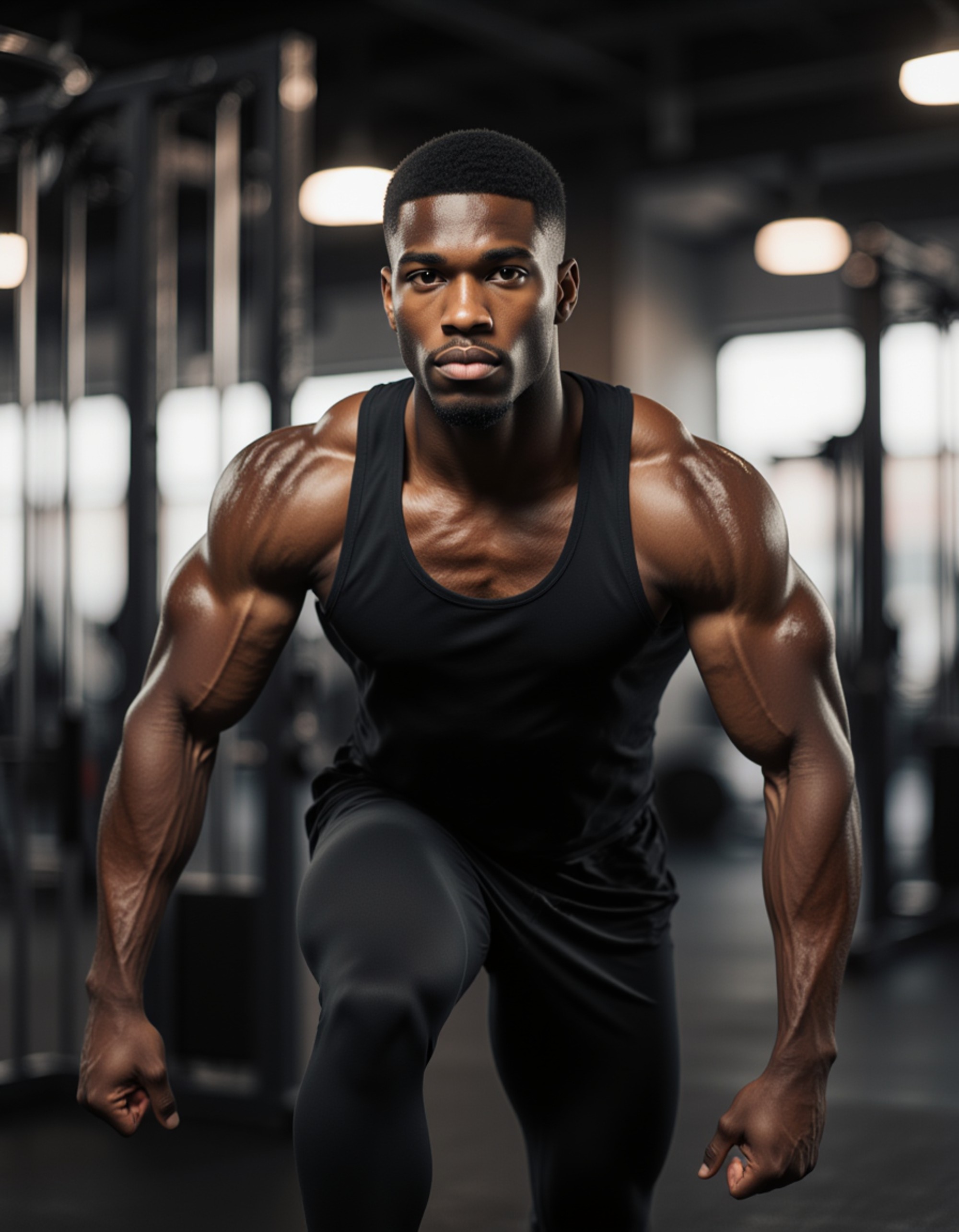 rugged male athlete with broad chest, executing cable crossovers, gym cables taut, in fitted compression shirt and track pants, sweat-soaked fabric clinging to muscles, mirrored walls, high-contrast realism, dynamic tension