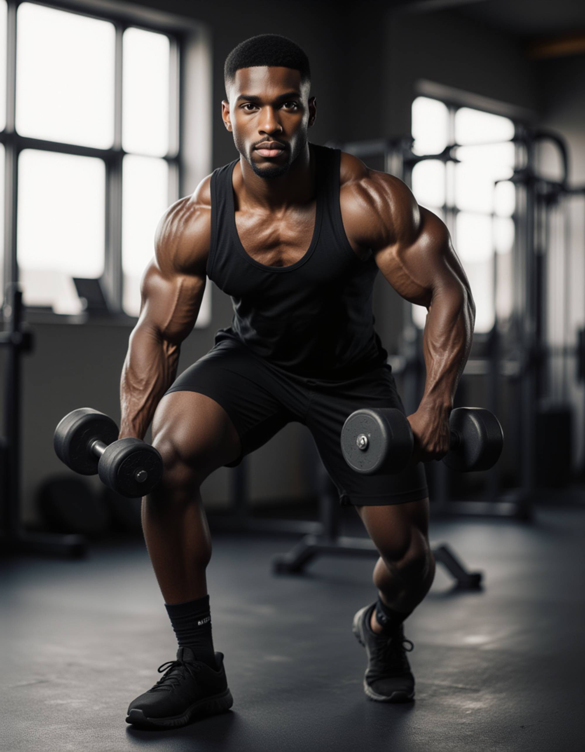 powerful masculine bodybuilder mid-lunge with dumbbells, wearing mesh tank top and athletic shorts, leg muscles flexed, gym floor with rubber mats, confident stride, ultra-detailed skin pores, volumetric god rays from windows