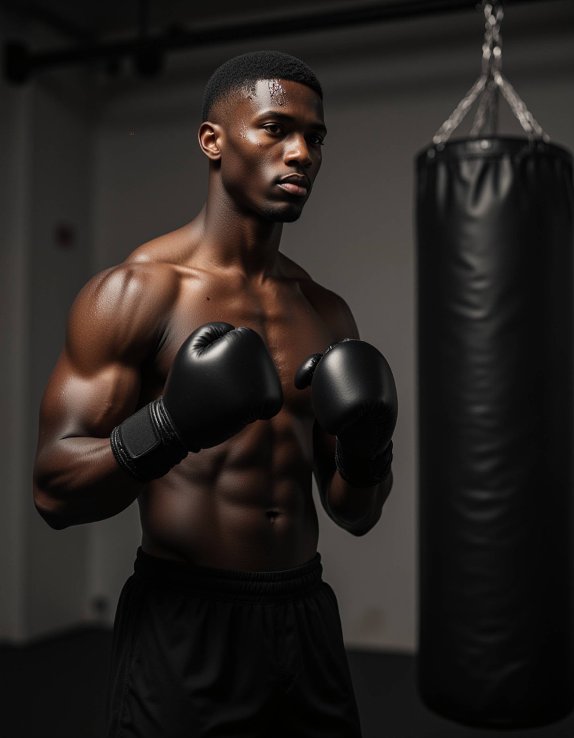 fit male model with defined V-taper, shadow boxing in front of a punching bag, gloves laced up, wearing boxing trunks and wraps, sweat droplets in air, industrial gym aesthetic, cinematic slow-motion effect, hyper-realistic