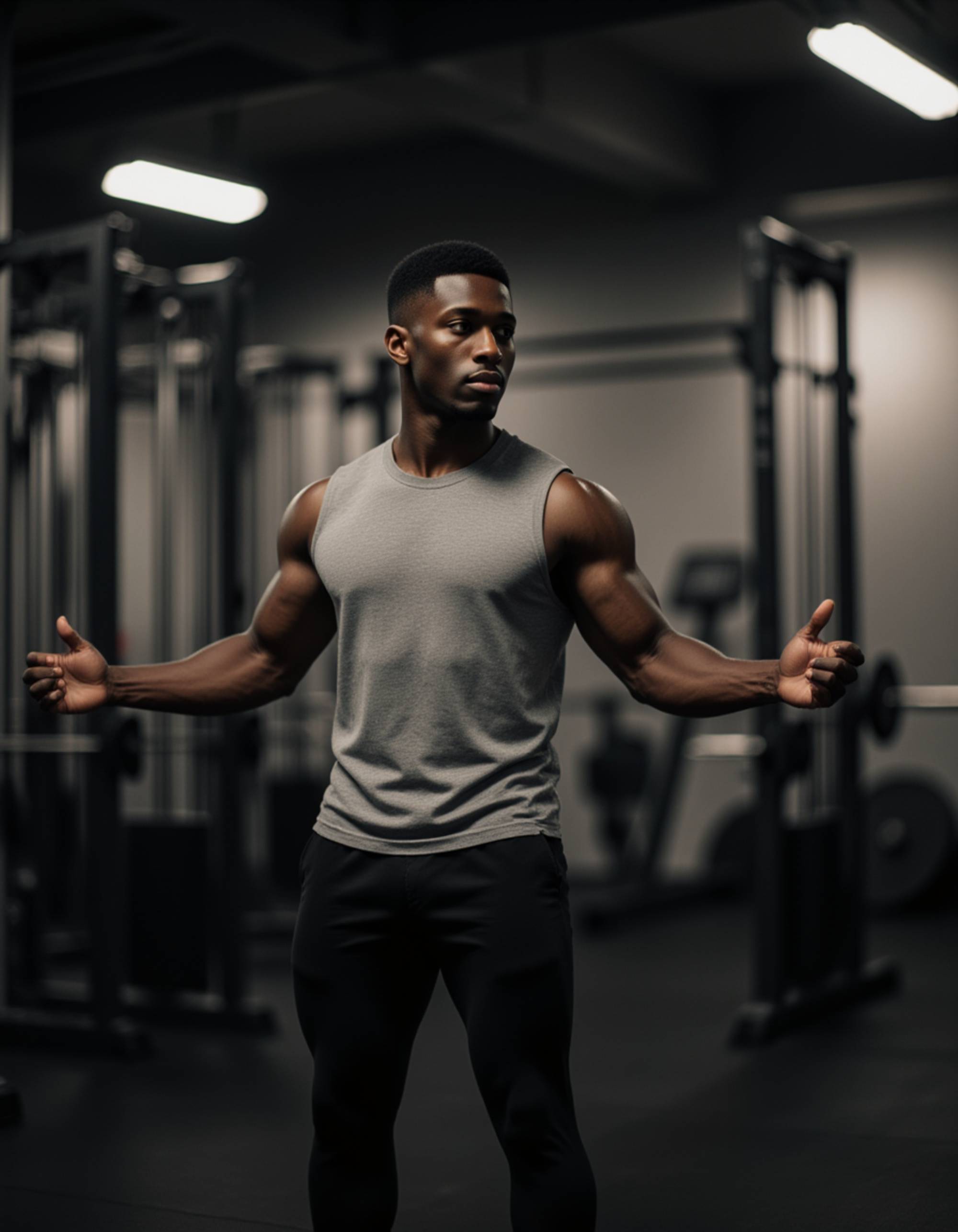 intense masculine trainer spotting a lift, muscular arms extended, in crew neck tee and joggers, gym barbells and plates nearby, motivational partnership vibe, warm spotlighting, photorealistic textures, subtle steam from exertion