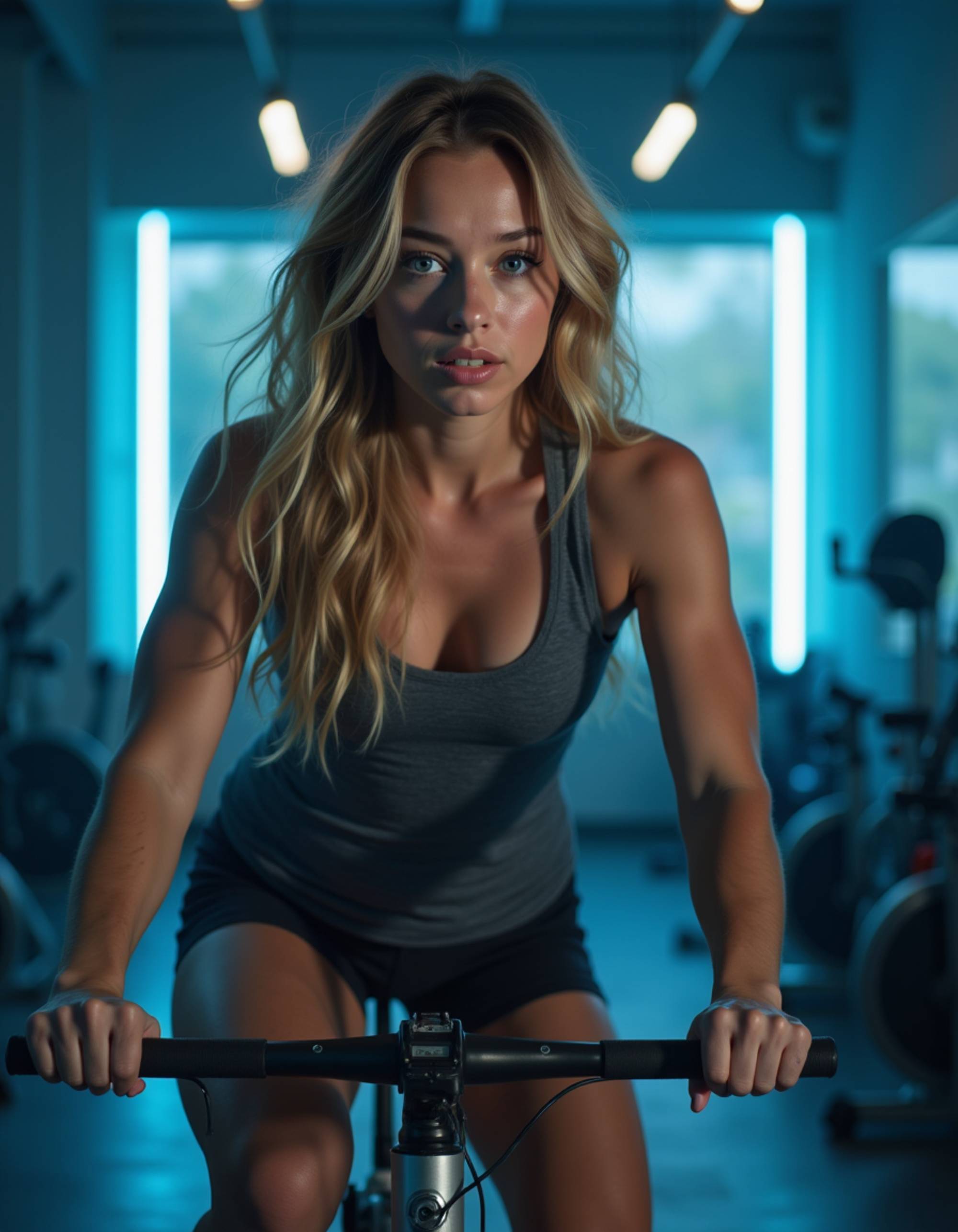athletic feminine model with lean muscles and flowing hair, cycling on a stationary bike in a high-energy gym, wearing moisture-wicking tank top and cycling shorts, rhythmic pedaling motion, sweat-glistened collarbone, photorealistic, cool blue LED accents