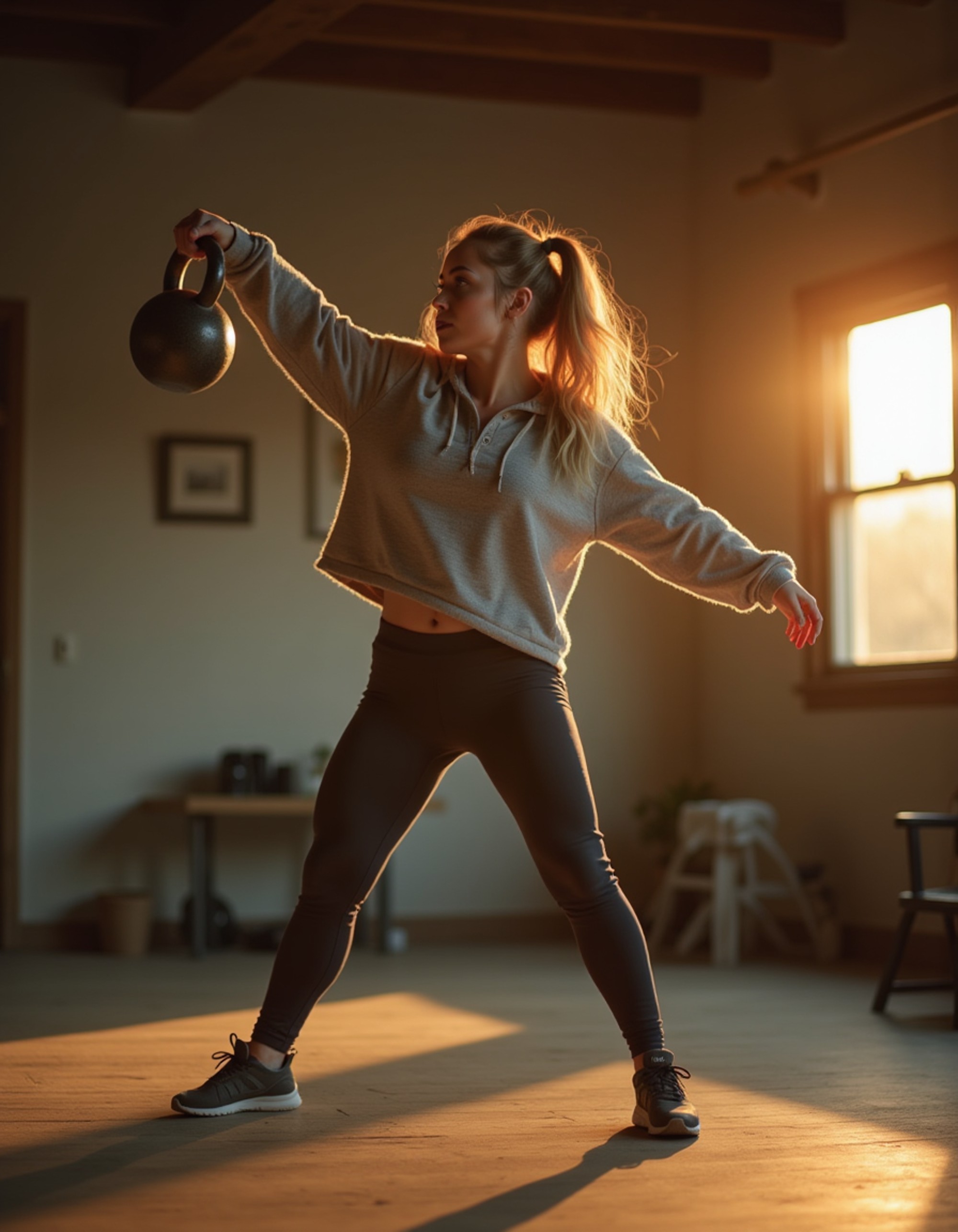 vibrant feminine model with hourglass figure, performing kettlebell swings, ponytail bouncing, in cropped hoodie and leggings, explosive hip drive, rustic gym with wooden elements, dynamic blur on bell, cinematic realism, warm golden hour glow