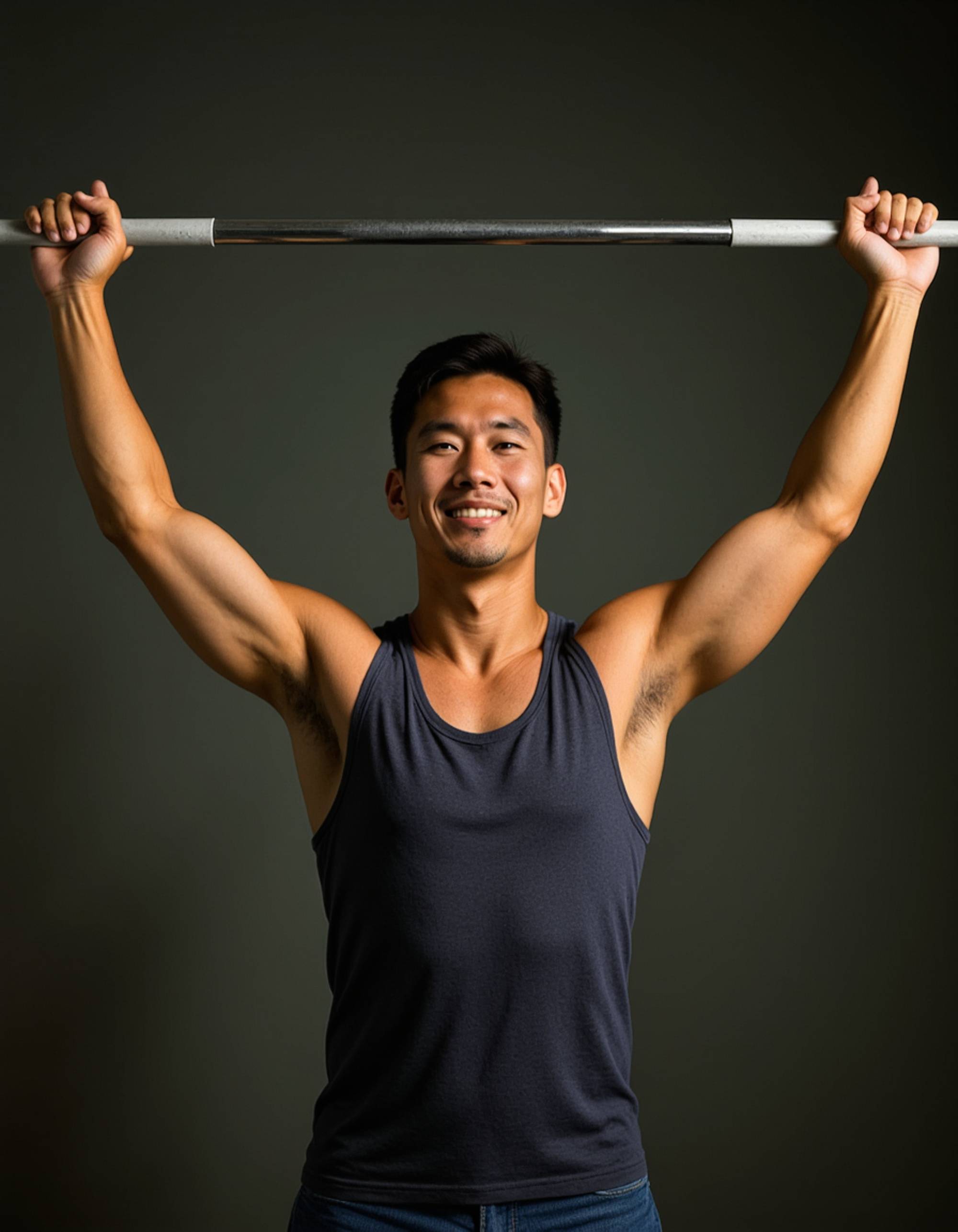 muscular masculine model with veined forearms, executing overhead presses in a powerlifting gym, wearing tank top and knee sleeves, barbell locked out, triumphant expression, photorealistic, industrial overhead lights creating stark contrasts