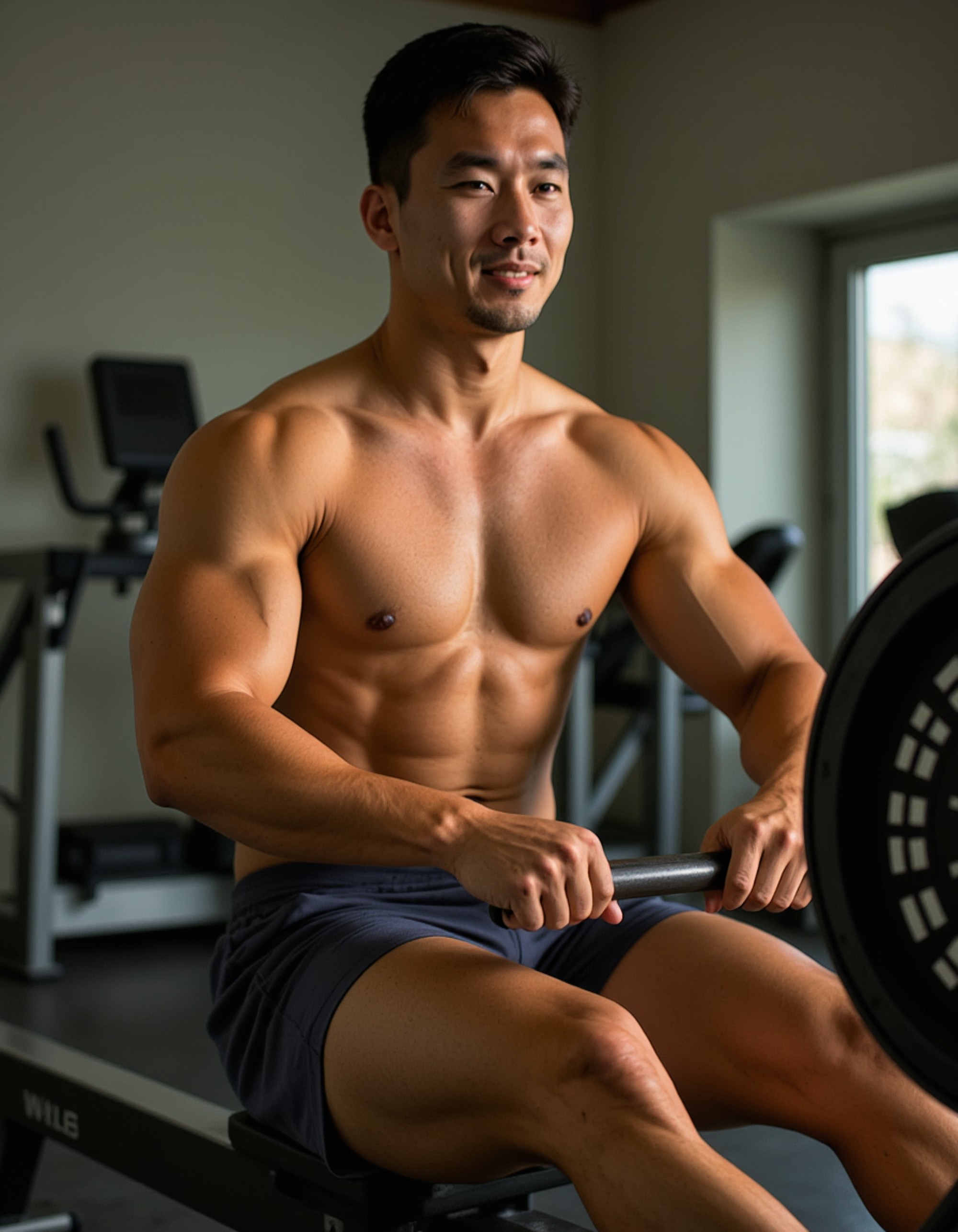 rugged male athlete with thick neck, rowing on an ergometer machine, sweat pouring down back, in moisture-wicking shirt and shorts, intense rhythm, gym water bottles scattered, high-detail realism, dynamic motion lines