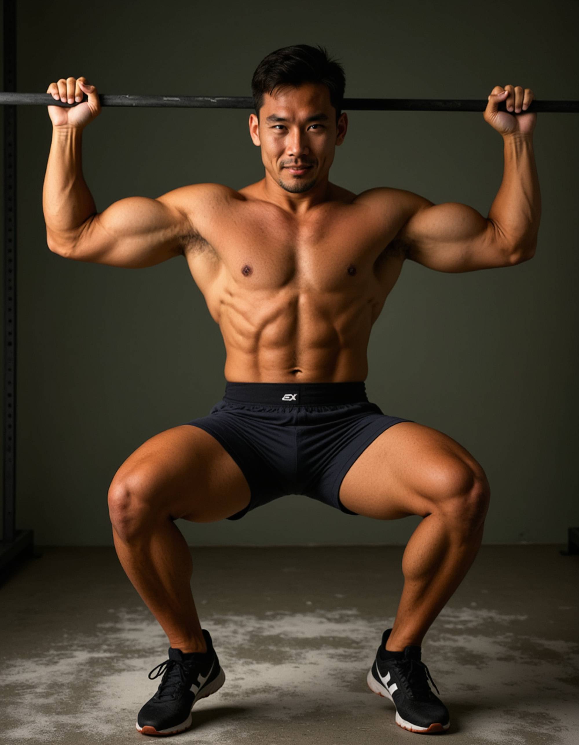 powerful masculine bodybuilder mid-squat with safety bars, wearing lifting belt and shorts, quads exploding, gym platform with chalk dust, focused grit on face, ultra-realistic muscle striations, warm spotlights