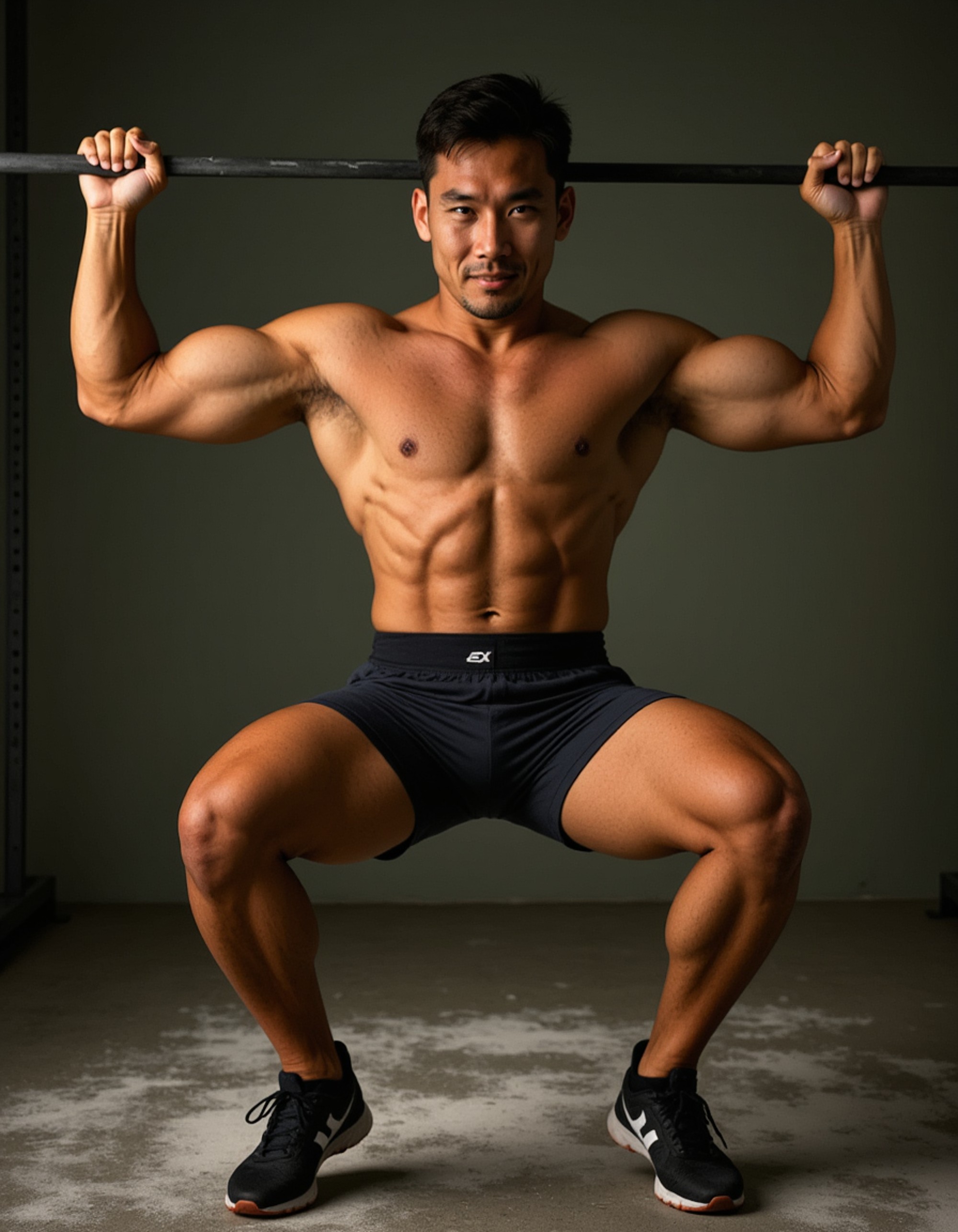 powerful masculine bodybuilder mid-squat with safety bars, wearing lifting belt and shorts, quads exploding, gym platform with chalk dust, focused grit on face, ultra-realistic muscle striations, warm spotlights