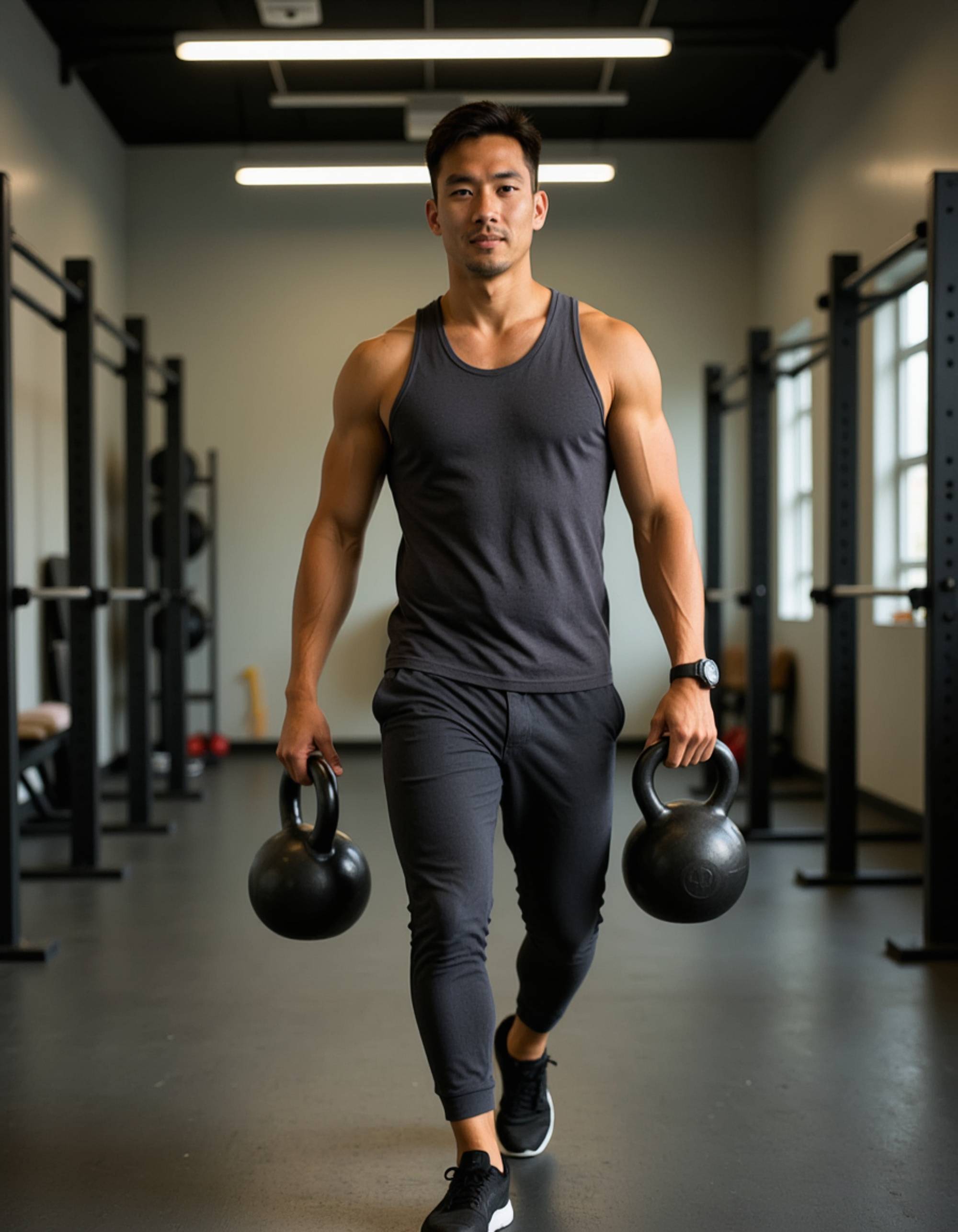 fit male model with sculpted delts, performing farmer's carries with heavy kettlebells, grip straining, in fitted tee and joggers, gym aisles with equipment racks, determined stride, cinematic photorealism, depth of field