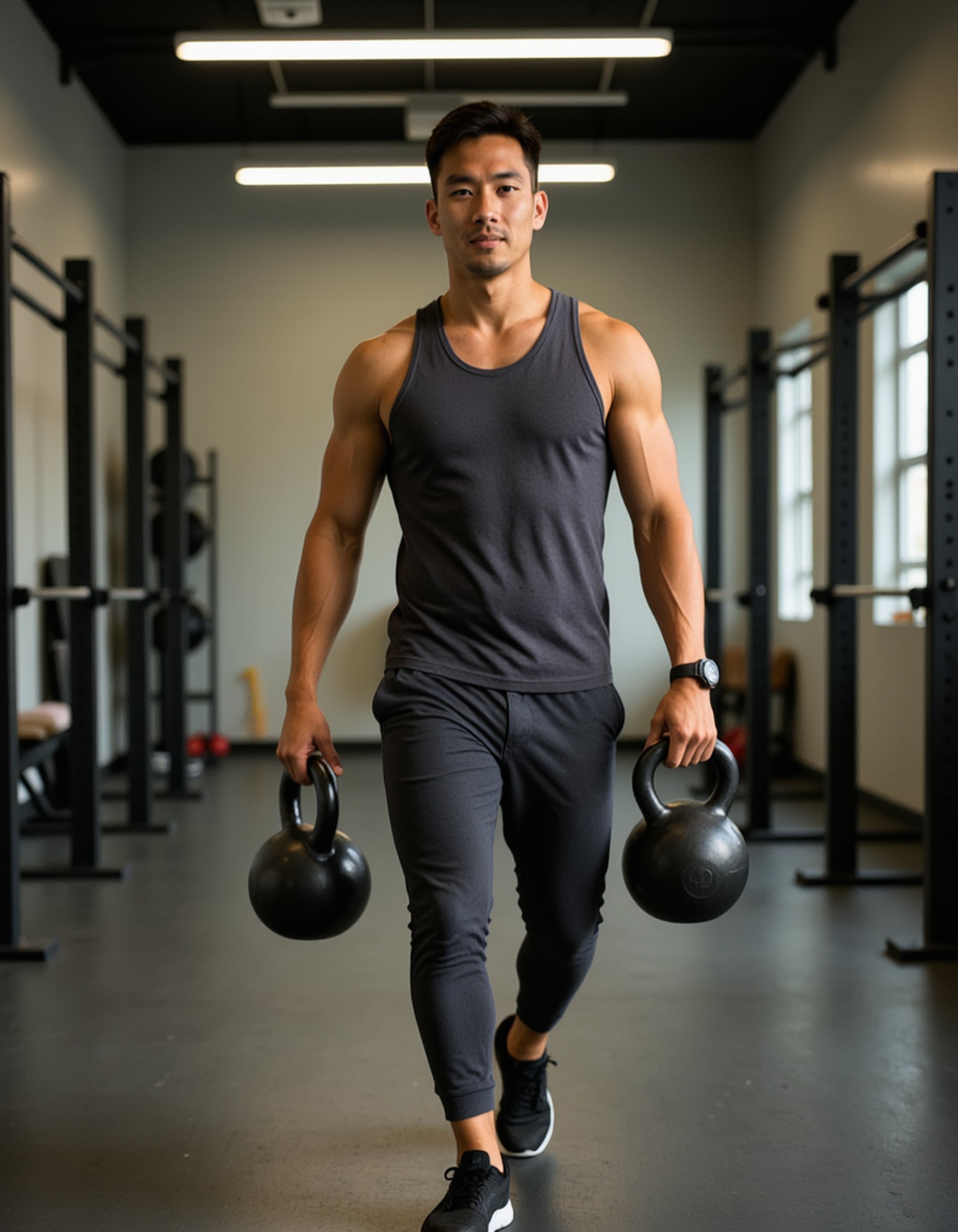 fit male model with sculpted delts, performing farmer's carries with heavy kettlebells, grip straining, in fitted tee and joggers, gym aisles with equipment racks, determined stride, cinematic photorealism, depth of field