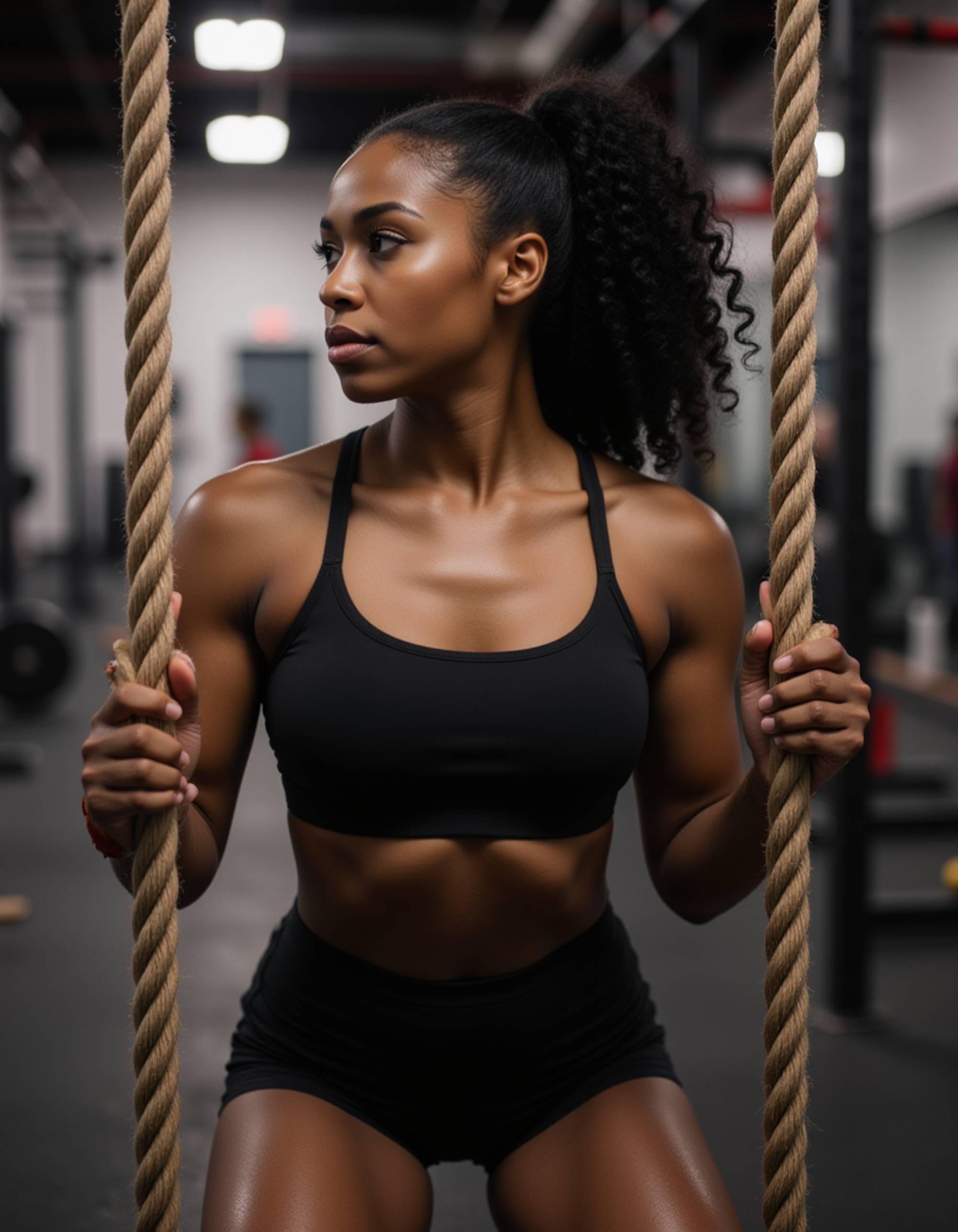 athletic feminine model with sculpted shoulders, battling ropes in a functional training area, wearing cropped tank and shorts, explosive waves on ropes, ponytail whipping, sweat on toned arms, photorealistic, high-energy gym lights with motion blur