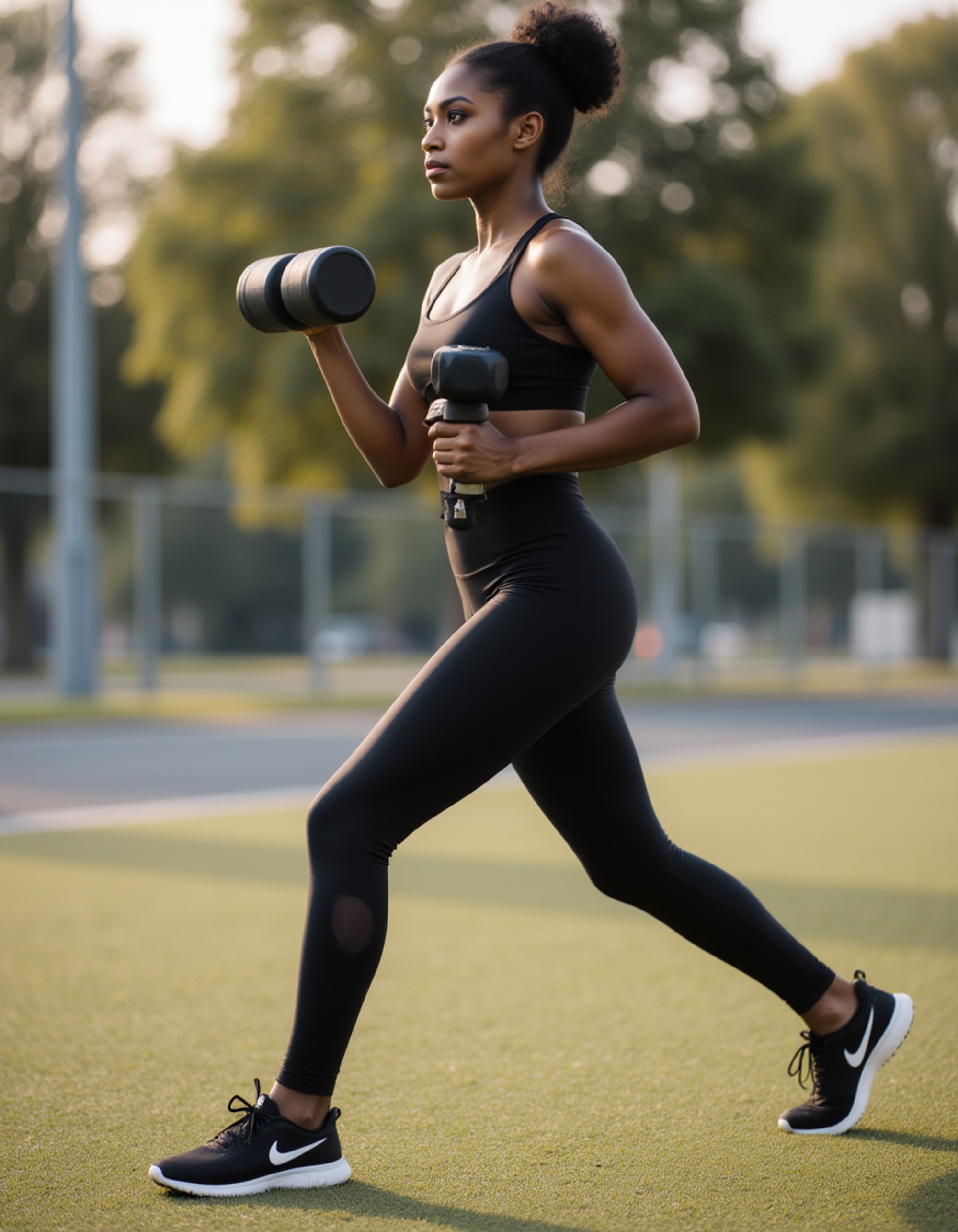 elegant female athlete with long legs, executing walking lunges with dumbbells, high-waisted leggings and sports bra, poised stride, gym track with turf, focused determination, ultra-detailed fabric sheen, natural daylight filtering in