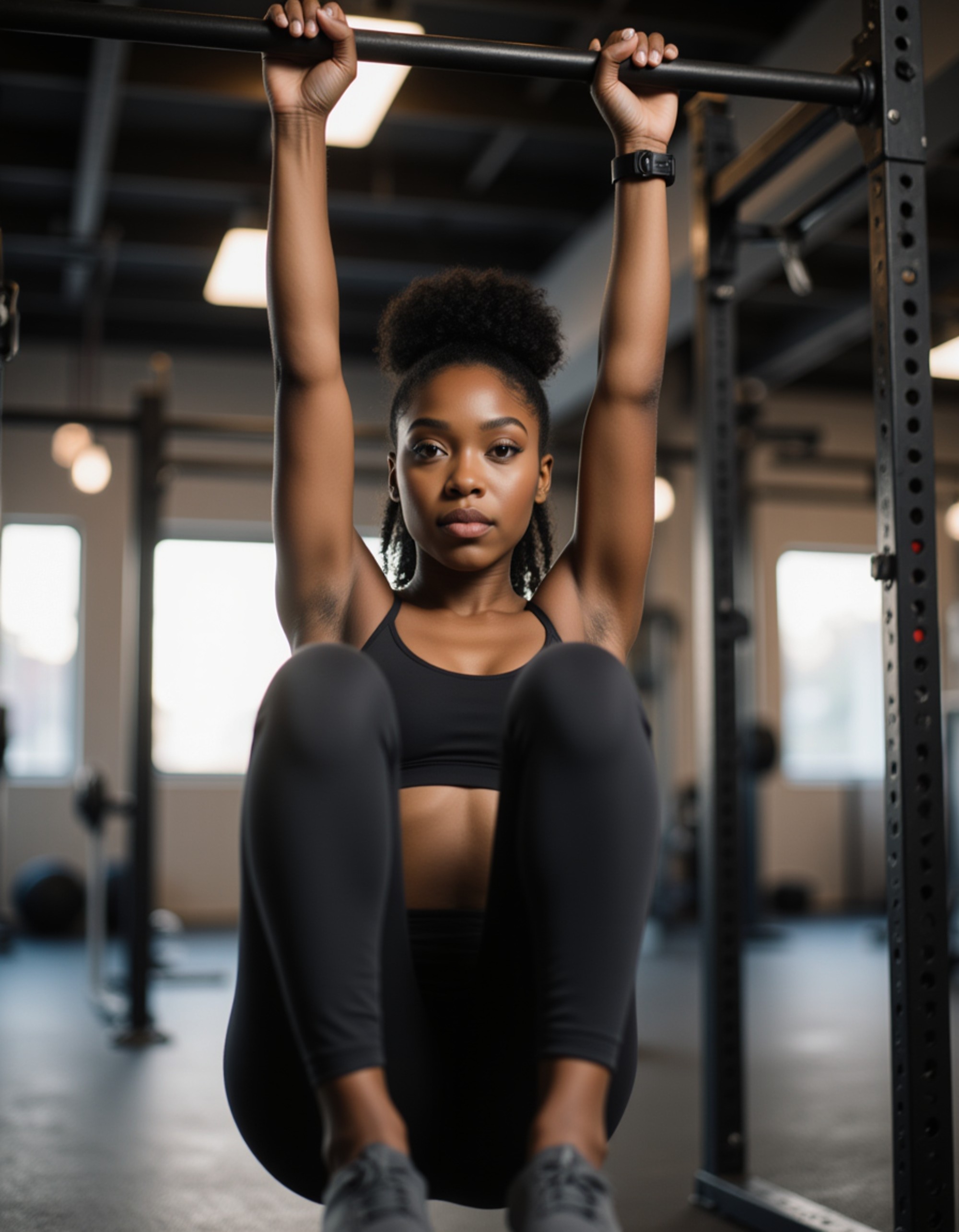 vibrant feminine model with core definition, hanging leg raises on a pull-up bar, seamless bralette and capris, mid-air crunch, gym ceiling beams visible, empowering strength, cinematic realism, soft shadows and grip highlights