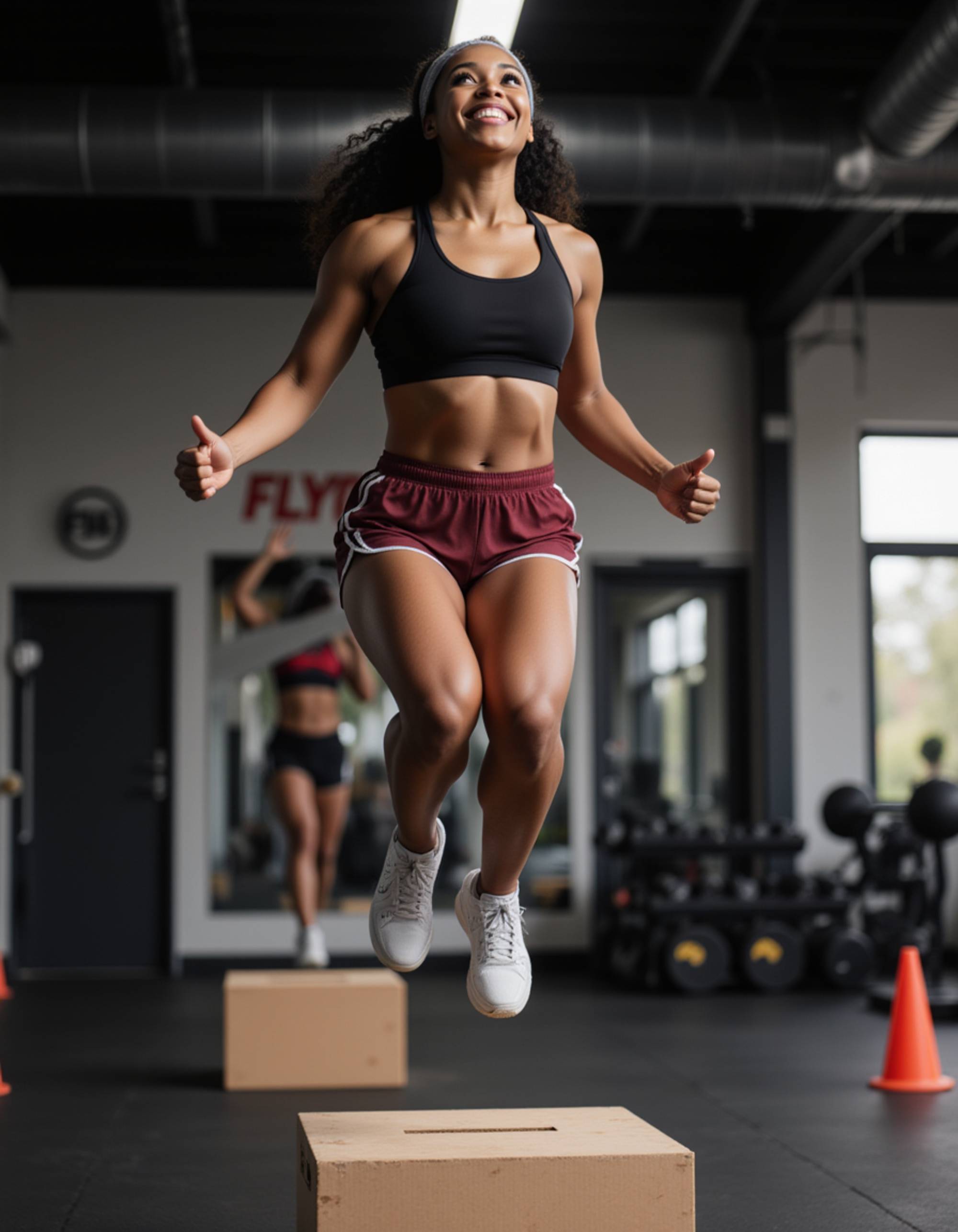 confident female fitness influencer mid-box jump onto a plyo box, athletic shorts and tank top, explosive leap captured, gym plyometrics zone with cones, joyful power on face, hyper-realistic textures, dynamic freeze-frame effect