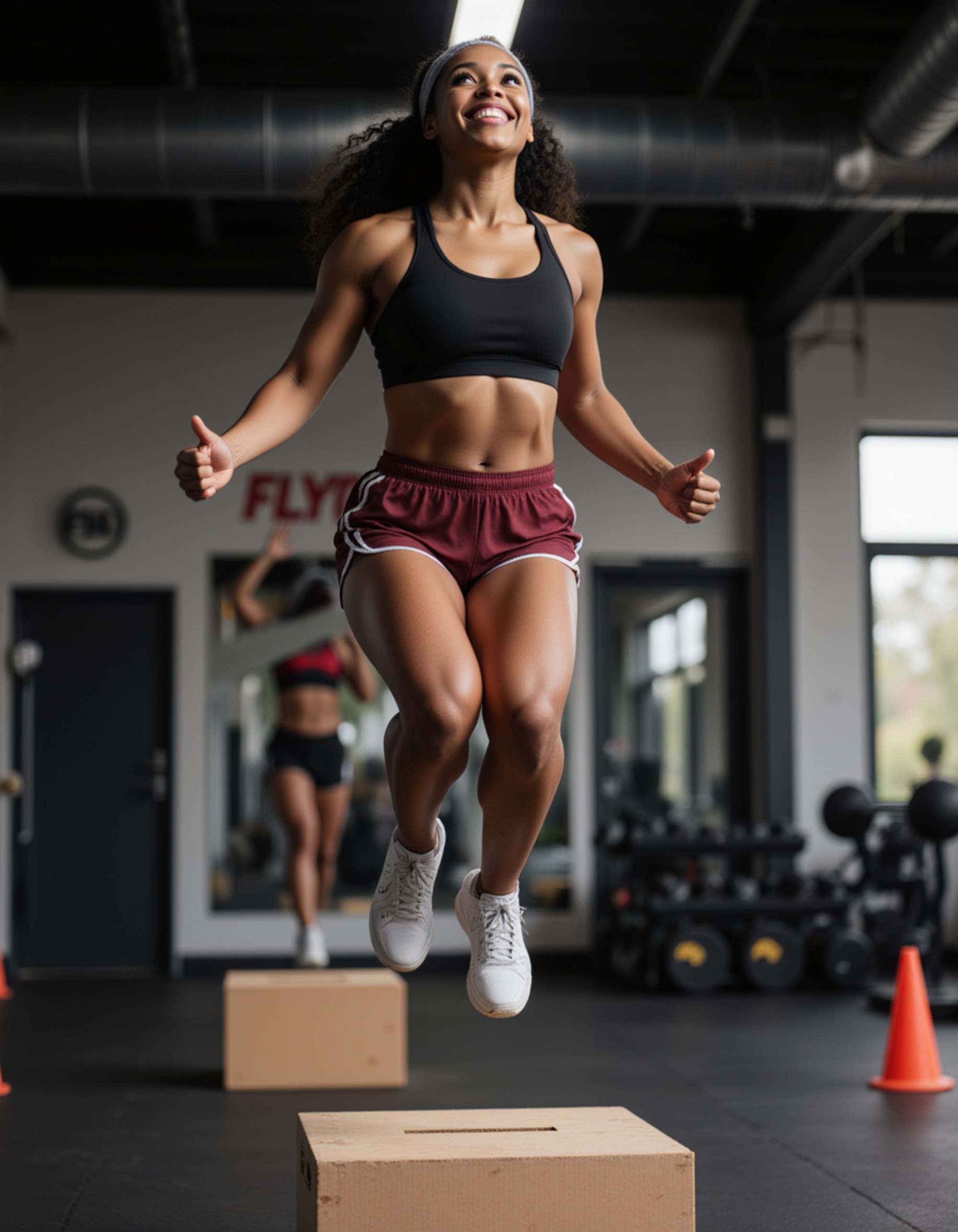 confident female fitness influencer mid-box jump onto a plyo box, athletic shorts and tank top, explosive leap captured, gym plyometrics zone with cones, joyful power on face, hyper-realistic textures, dynamic freeze-frame effect