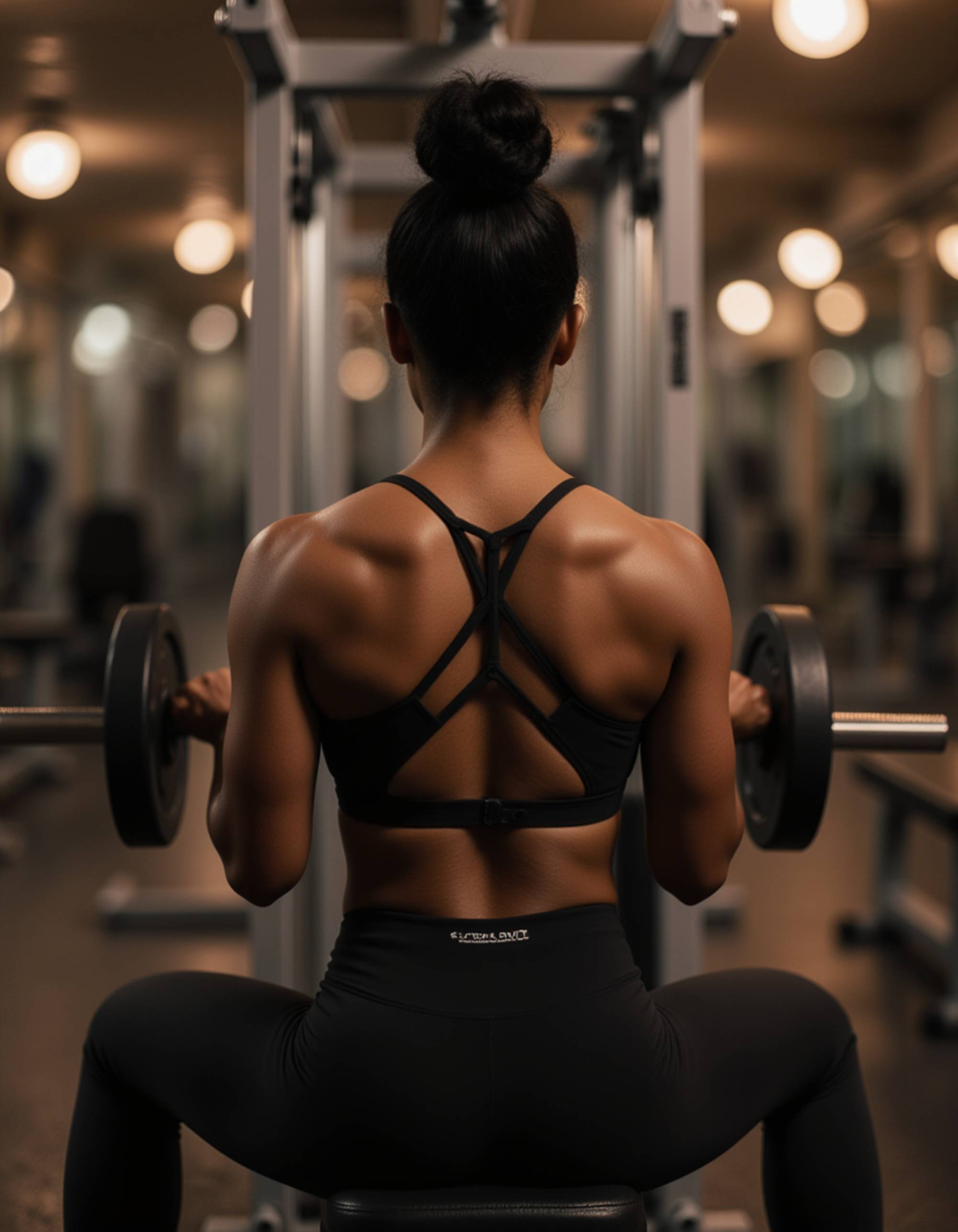 graceful feminine bodybuilder doing seated cable rows, back muscles engaged, wearing fitted long-sleeve top and leggings, machine cables taut, serene concentration, mirrored gym walls reflecting form, warm ambient glow, photorealistic depth