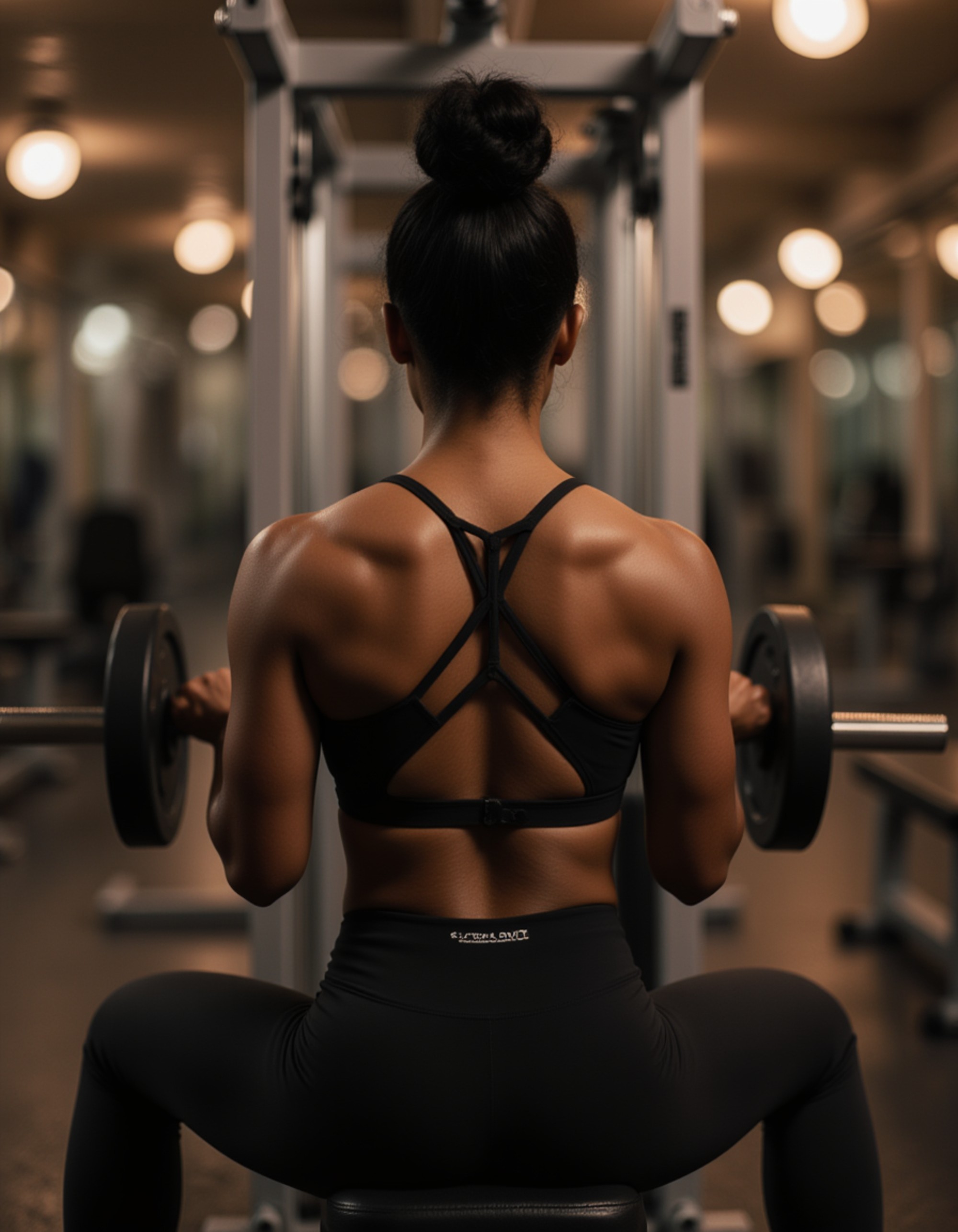 graceful feminine bodybuilder doing seated cable rows, back muscles engaged, wearing fitted long-sleeve top and leggings, machine cables taut, serene concentration, mirrored gym walls reflecting form, warm ambient glow, photorealistic depth