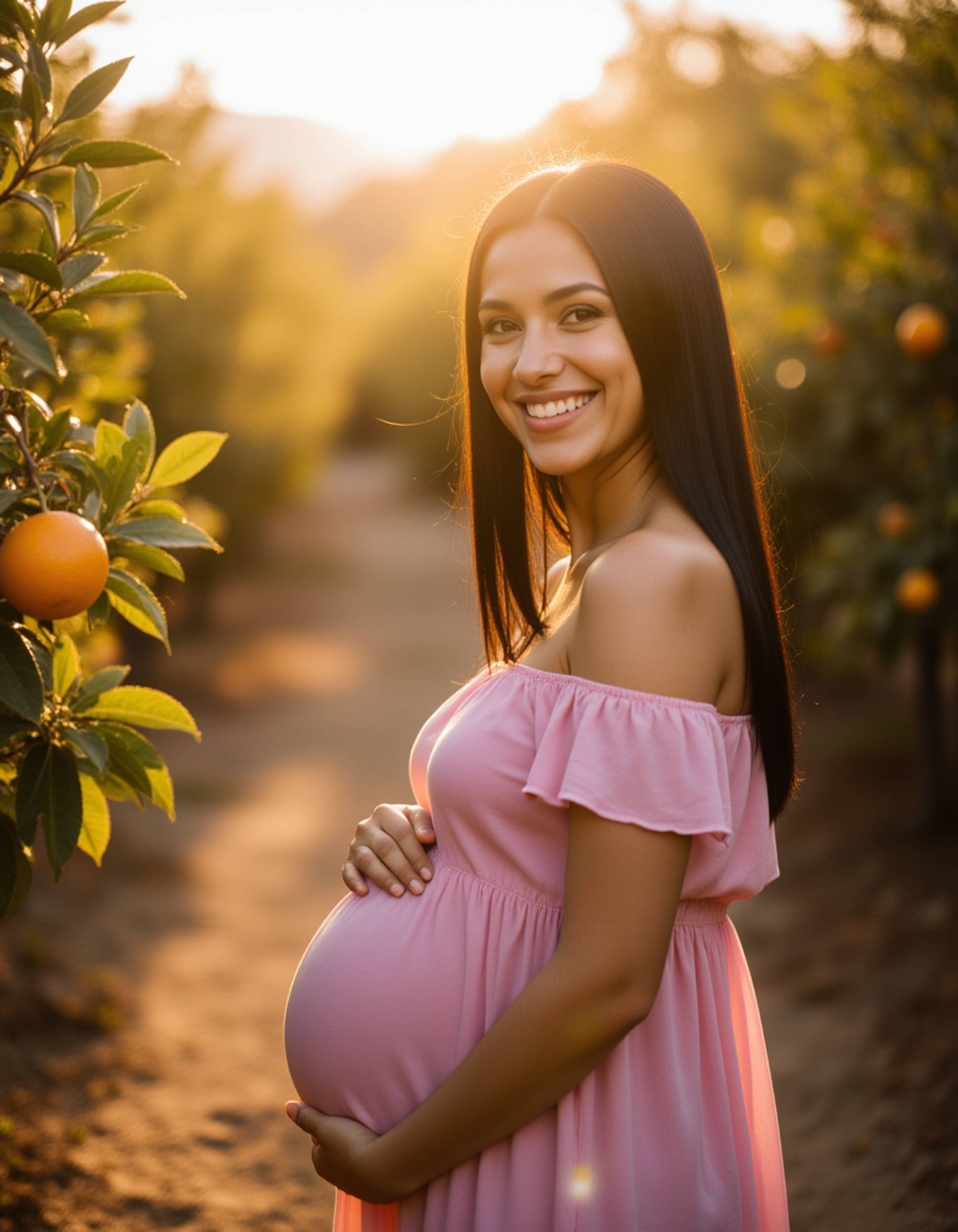 healthy pregnant model in maternity photographs, beautiful pregnant model, maternity photography in a sun-drenched citrus orchard