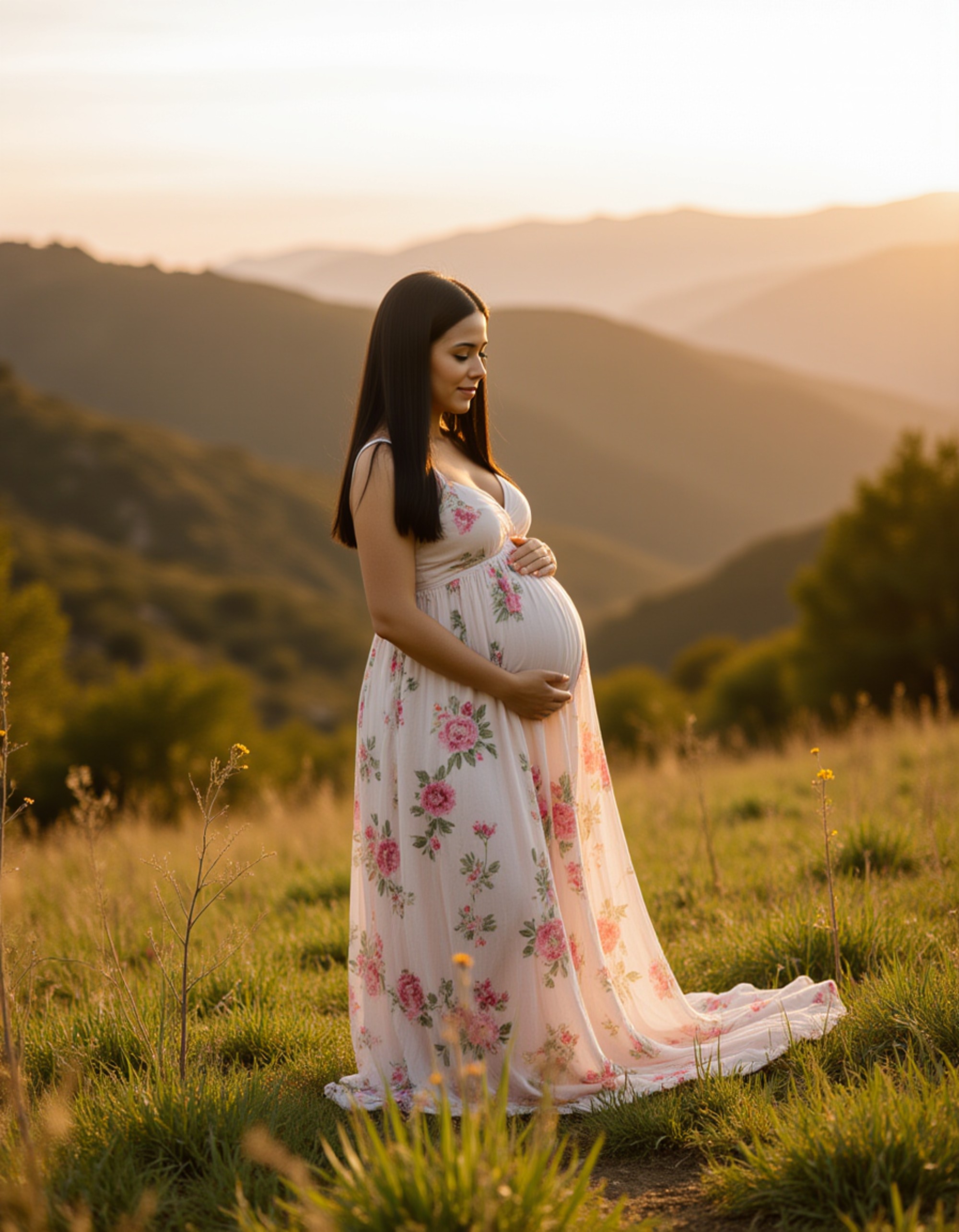 healthy pregnant model in maternity photographs, beautiful pregnant model, maternity photography amidst rolling green hills