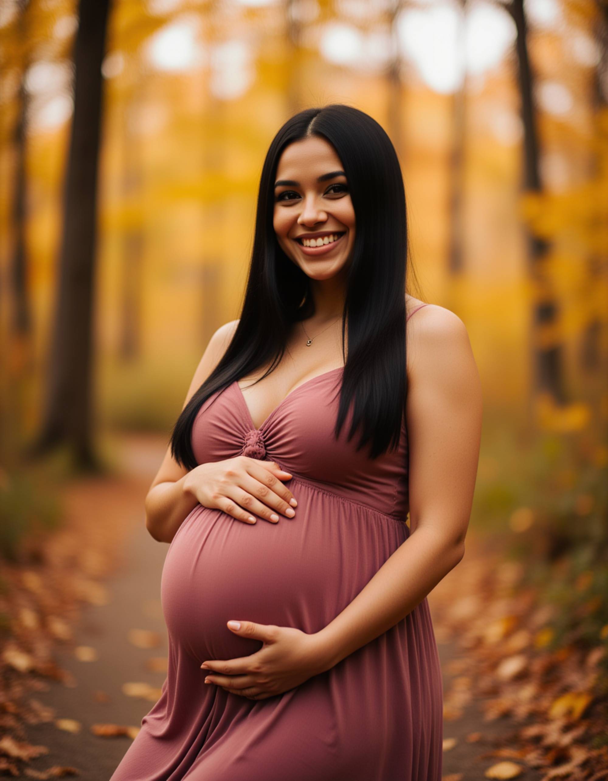 healthy pregnant model in maternity photographs, beautiful pregnant model, maternity photography in a vibrant autumn woodland