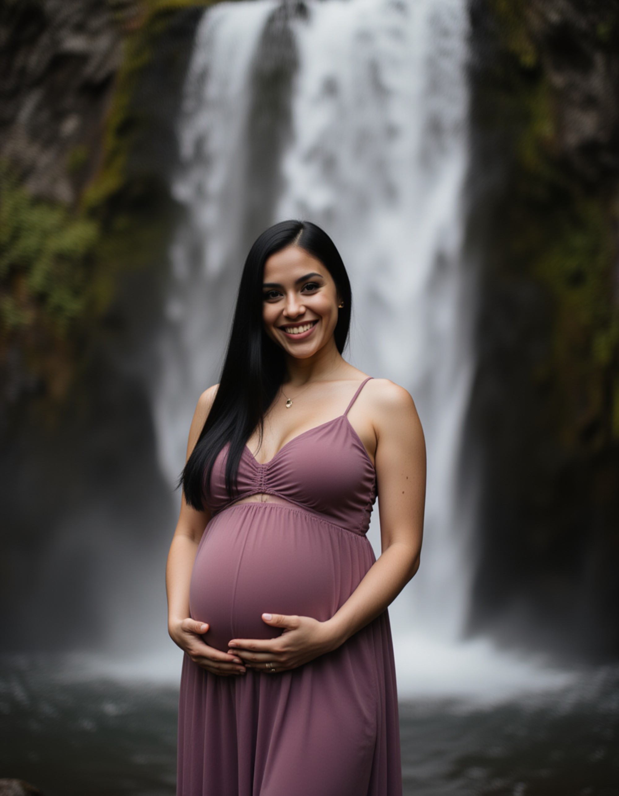 healthy pregnant model in maternity photographs, beautiful pregnant model, maternity photography by a cascading waterfall