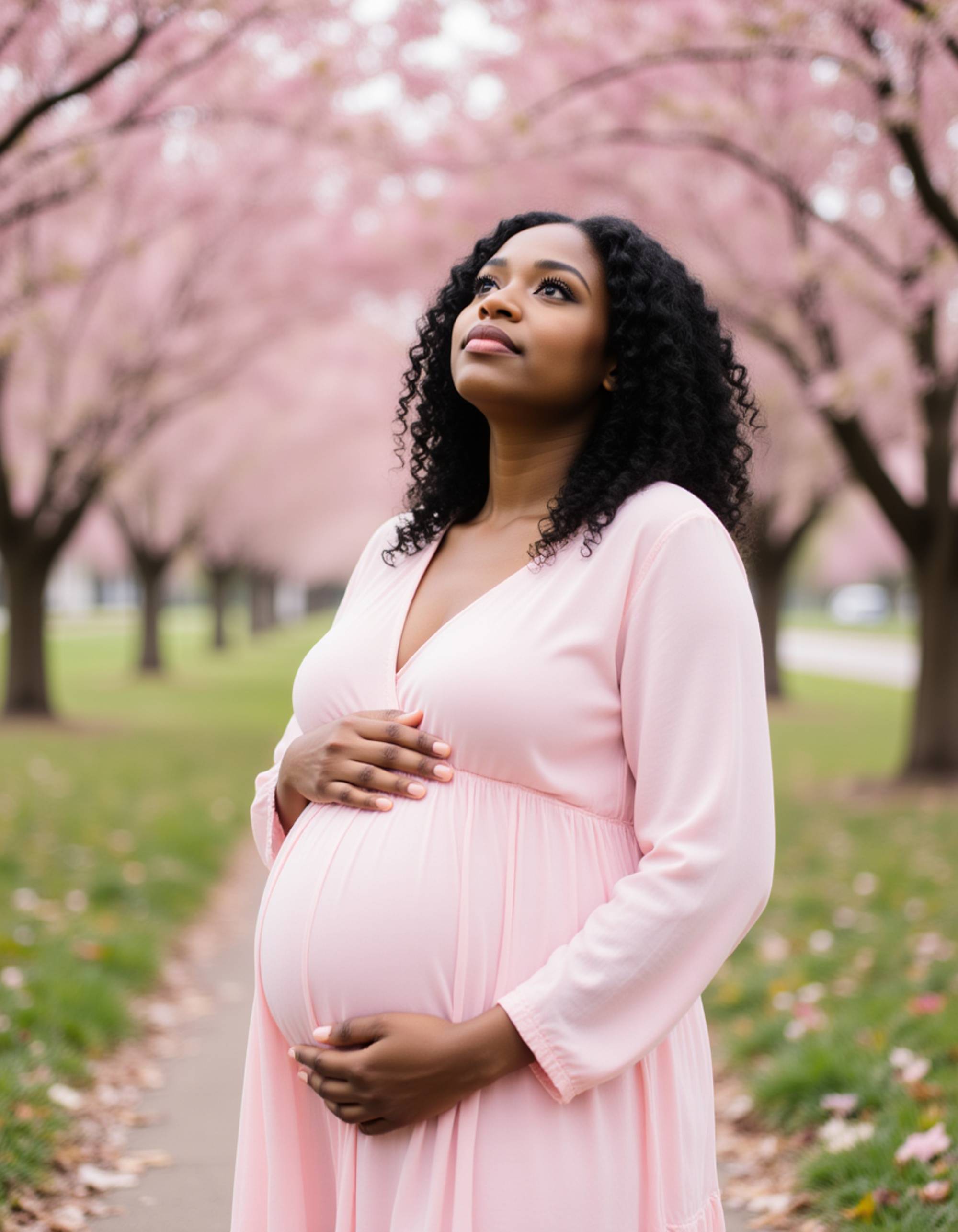 healthy pregnant model in maternity photographs, beautiful pregnant model, maternity photography under a canopy of blooming cherry blossoms