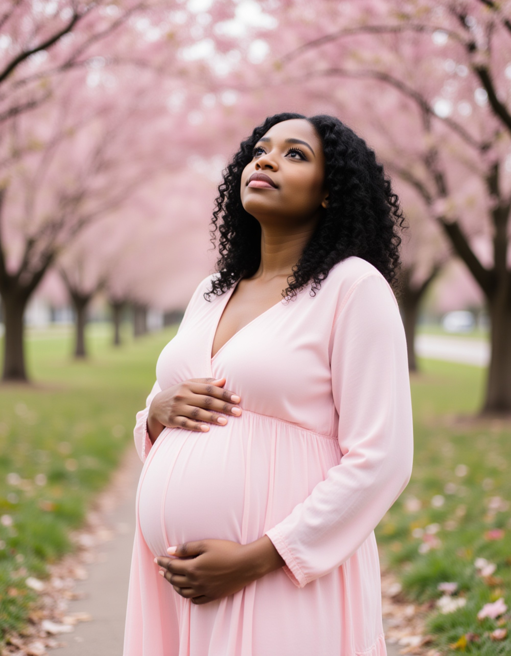 healthy pregnant model in maternity photographs, beautiful pregnant model, maternity photography under a canopy of blooming cherry blossoms