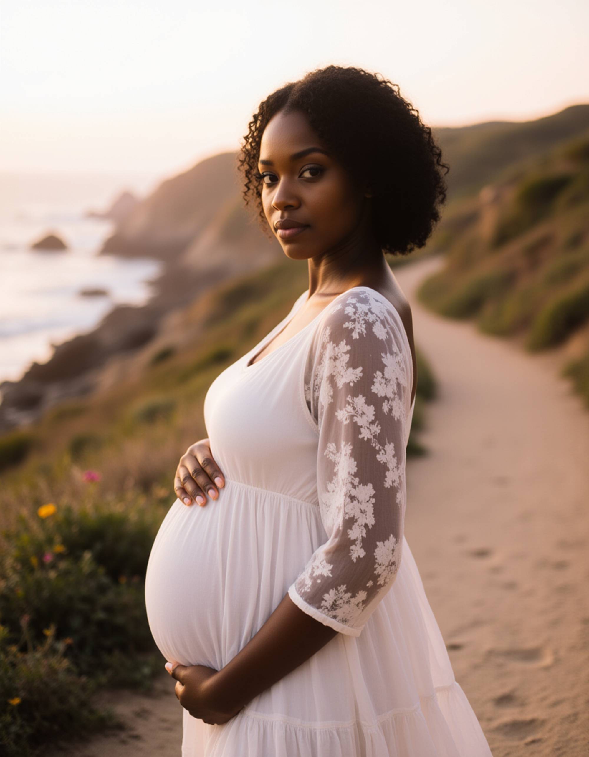healthy pregnant model in maternity photographs, beautiful pregnant model, maternity photography along a winding coastal path