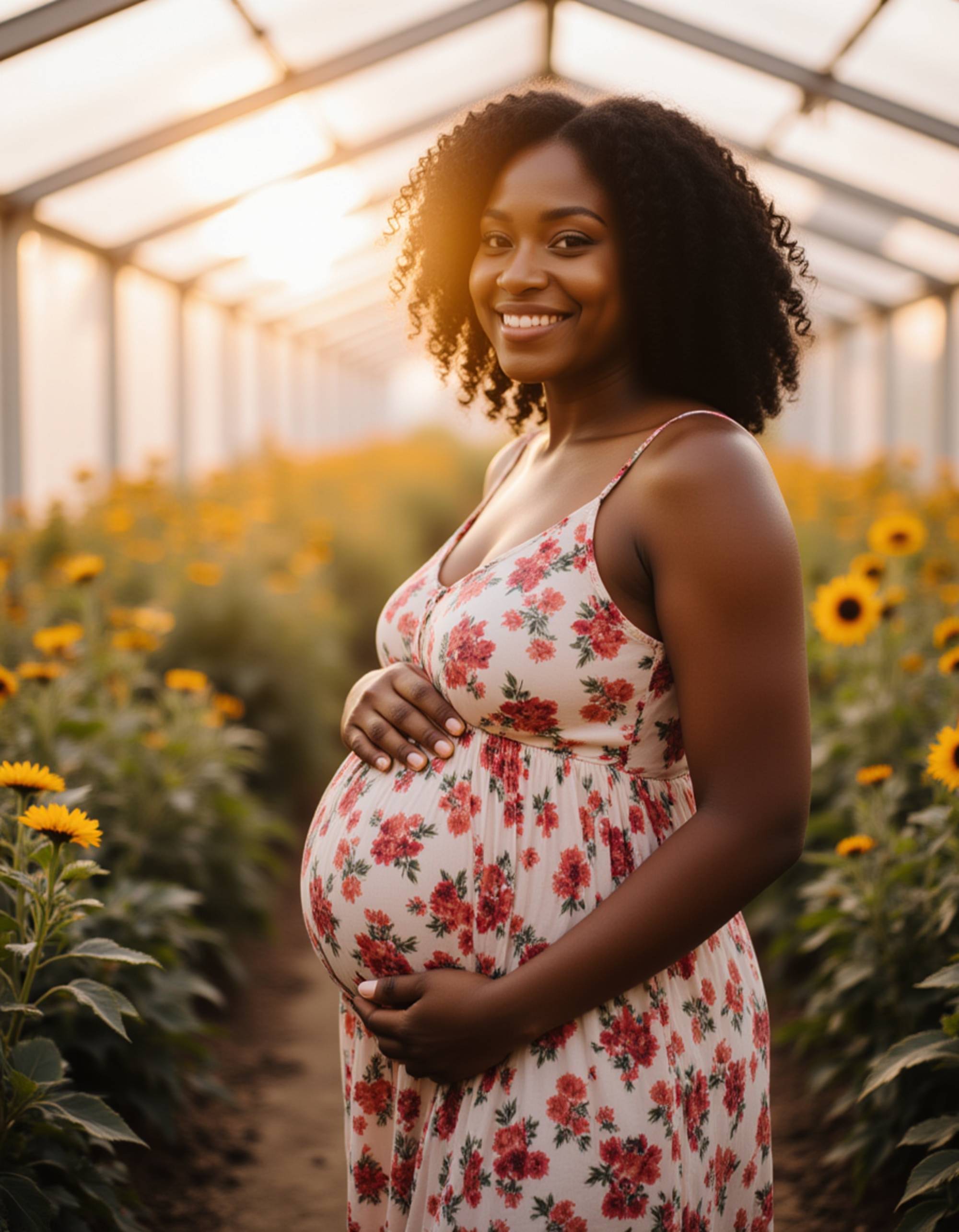 healthy pregnant model in maternity photographs, beautiful pregnant model, maternity photography in a sunlit greenhouse