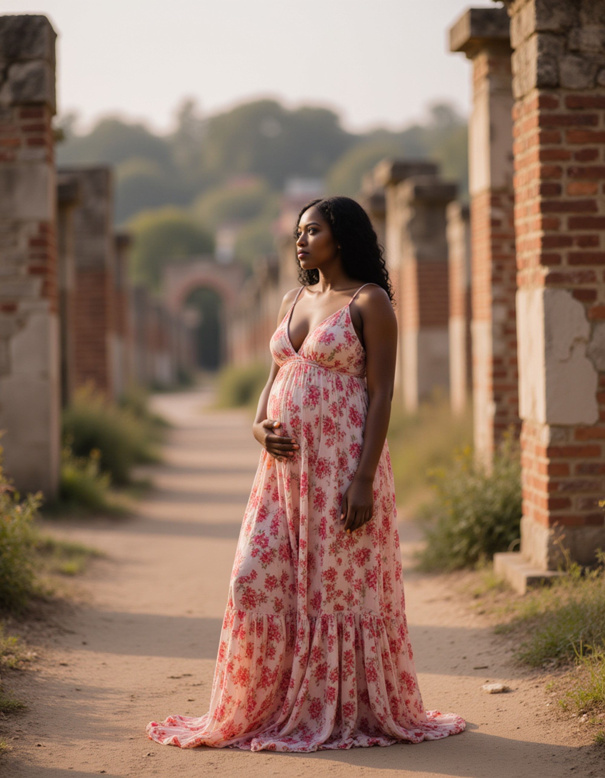healthy pregnant model in maternity photographs, beautiful pregnant model, maternity photography amidst ancient ruins
