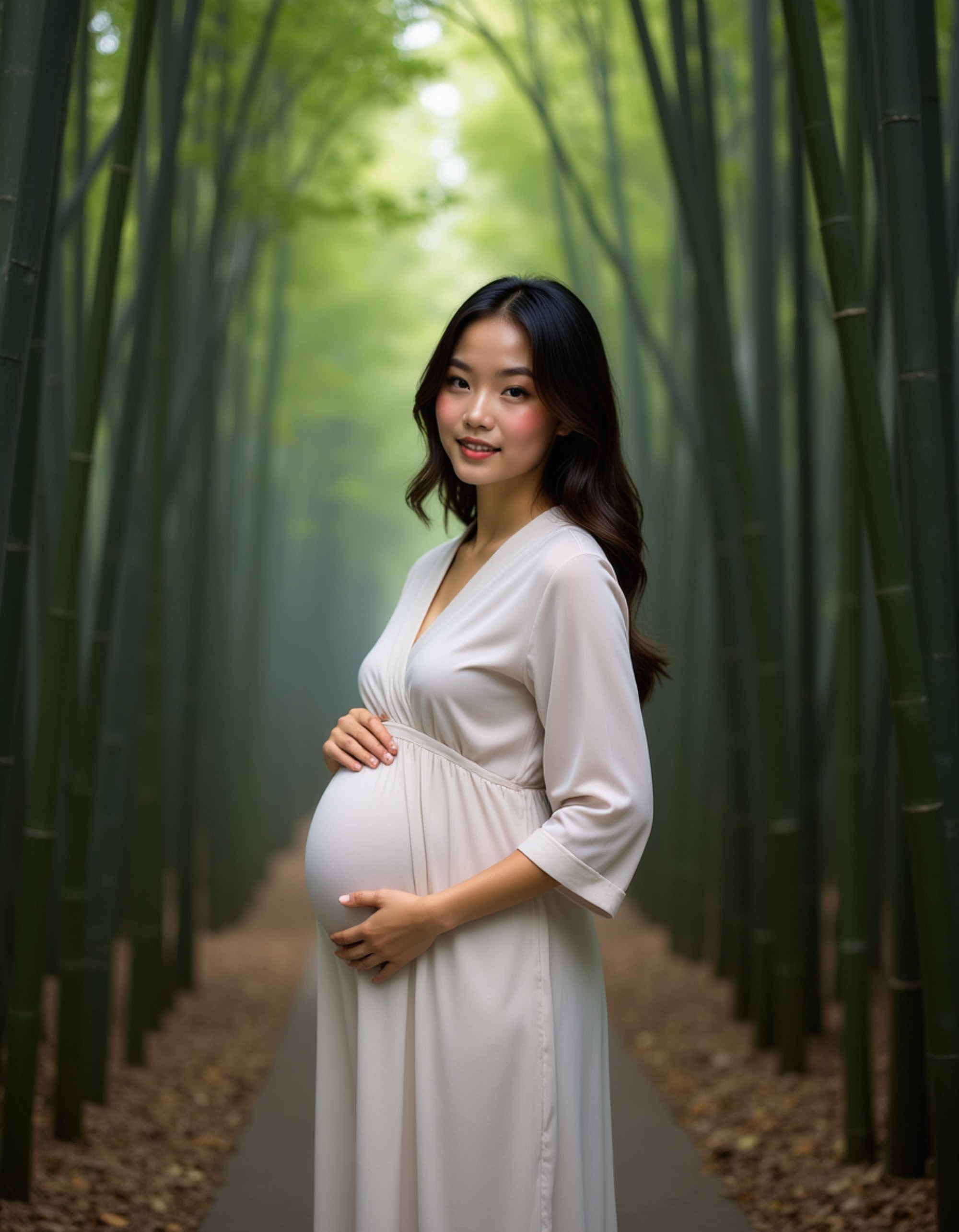 healthy pregnant model in maternity photographs, beautiful pregnant model, maternity photography in a misty bamboo forest