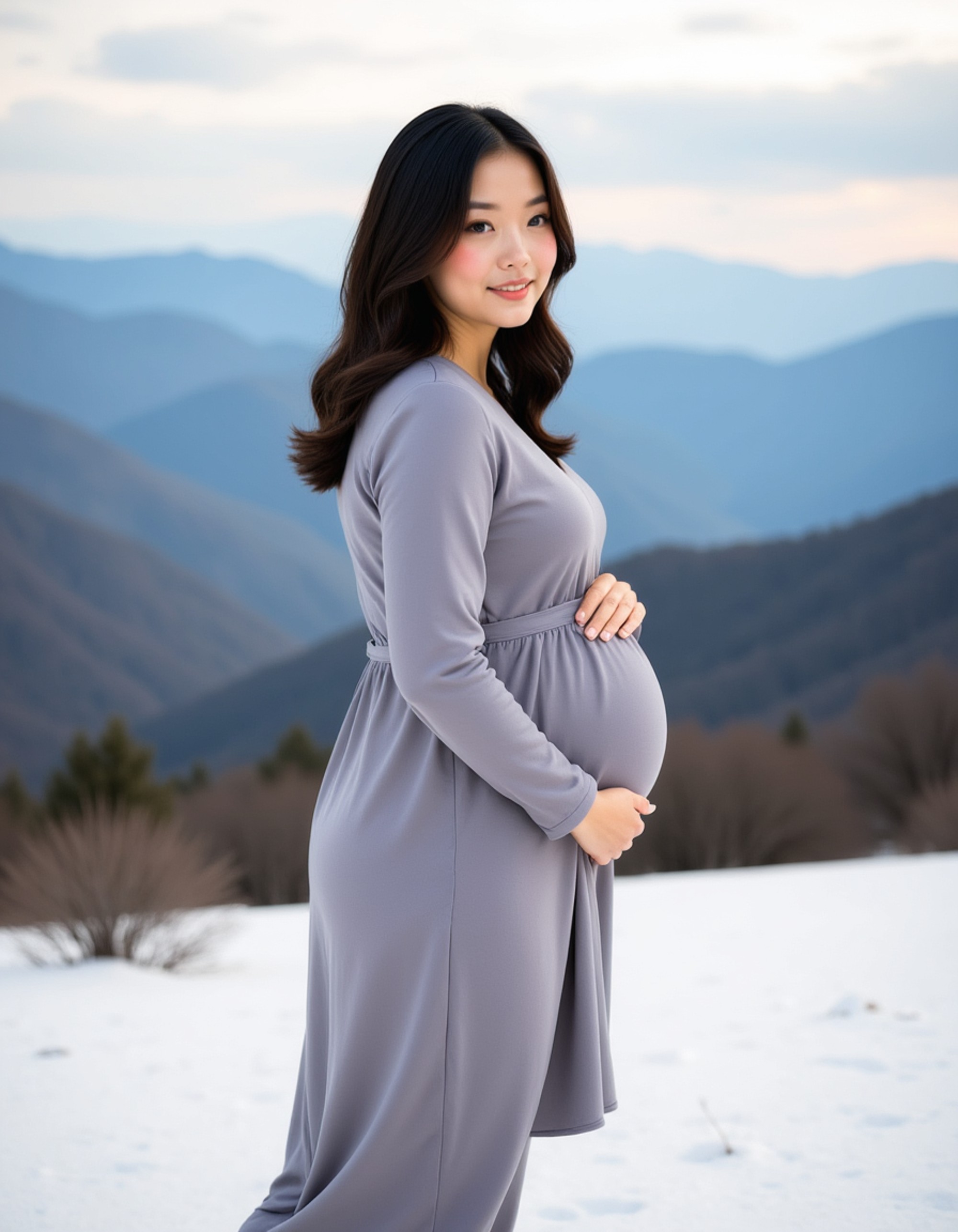 healthy pregnant model in maternity photographs, beautiful pregnant model, maternity photography on a snowy mountain peak