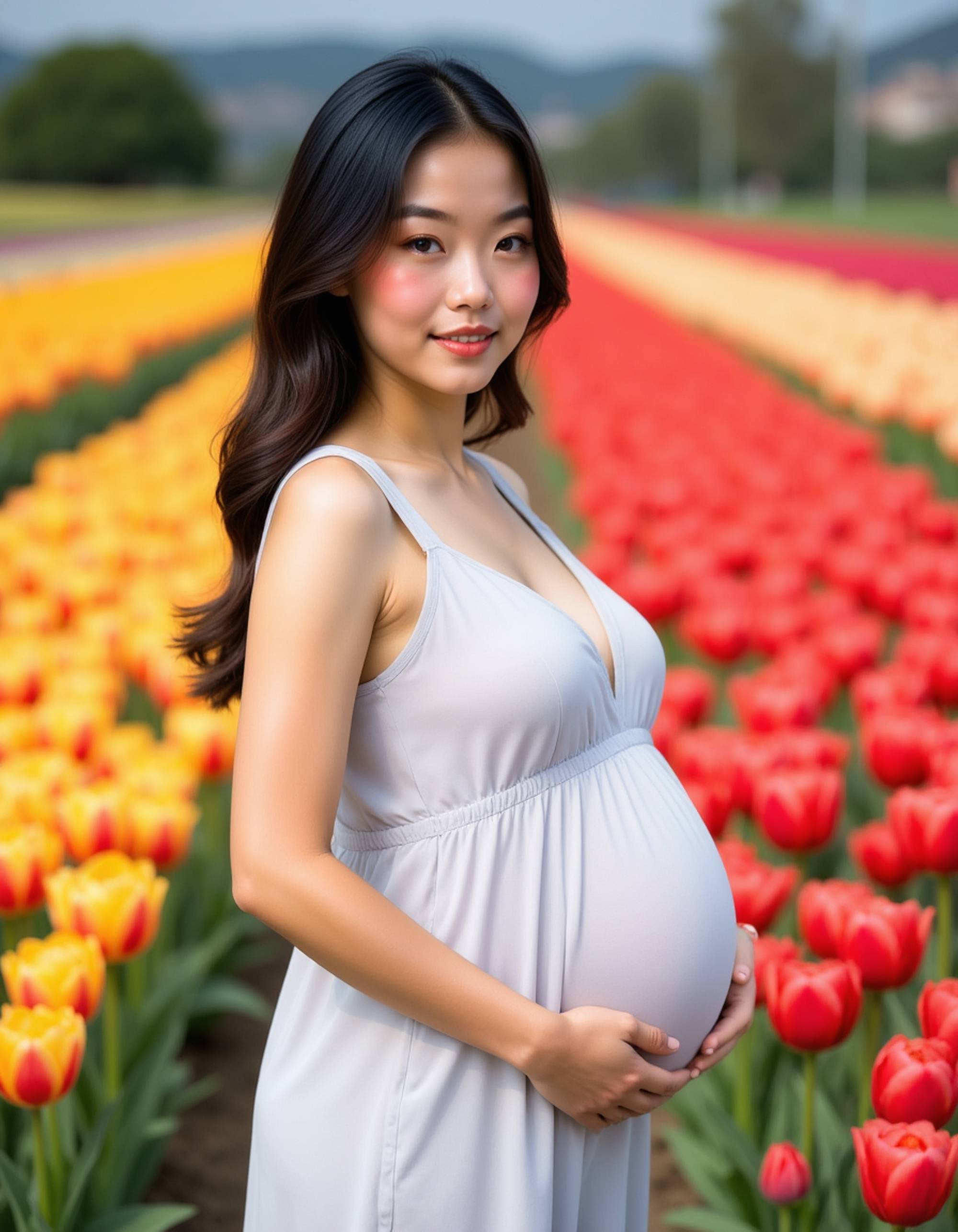 healthy pregnant model in maternity photographs, beautiful pregnant model, maternity photography in a colorful tulip field