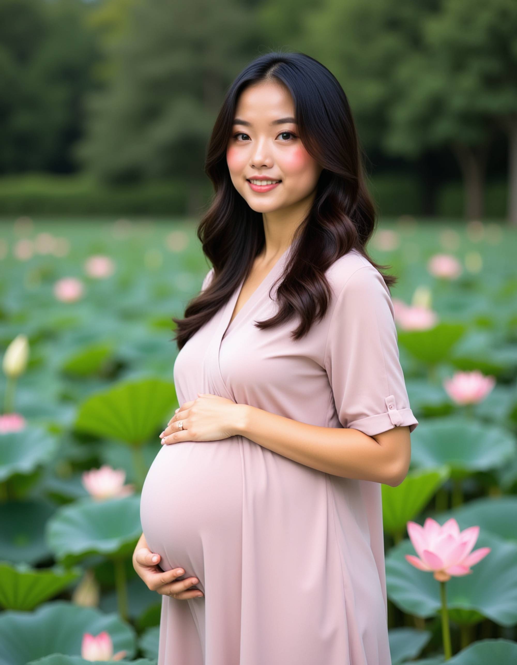 healthy pregnant model in maternity photographs, beautiful pregnant model, maternity photography by a serene lotus pond