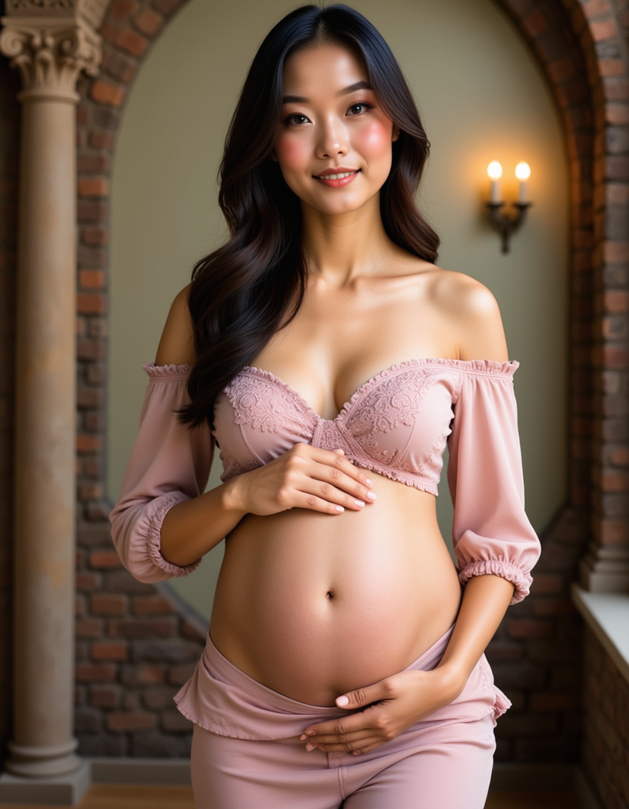 healthy pregnant model in maternity photographs, beautiful pregnant model, maternity photography in an enchanting fairy tale castle