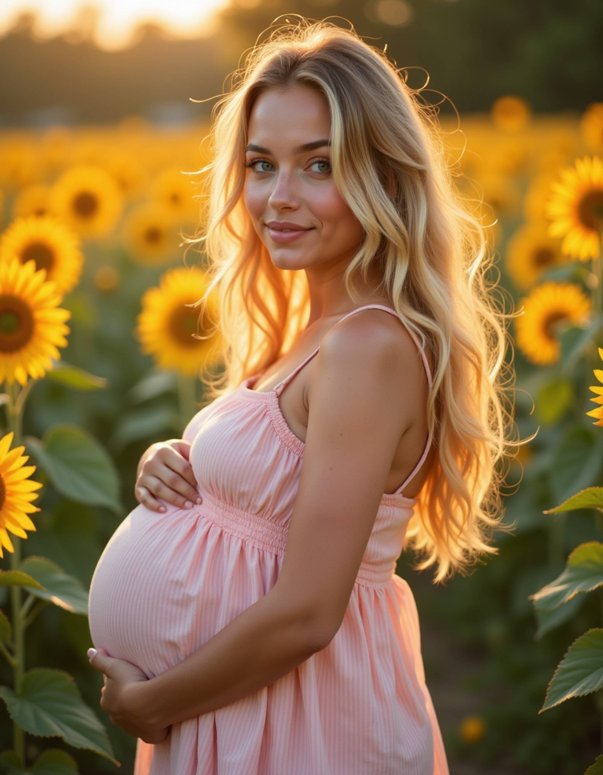 healthy pregnant model in maternity photographs, beautiful pregnant model, maternity photography in a vibrant sunflower field