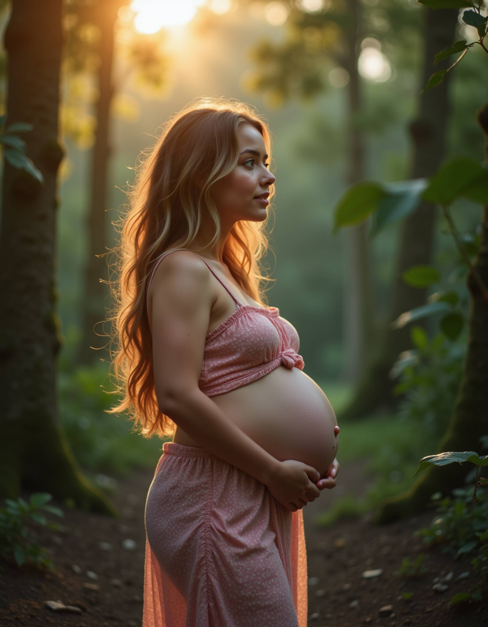 healthy pregnant model in maternity photographs, beautiful pregnant model, maternity photography in a lush tropical rainforest