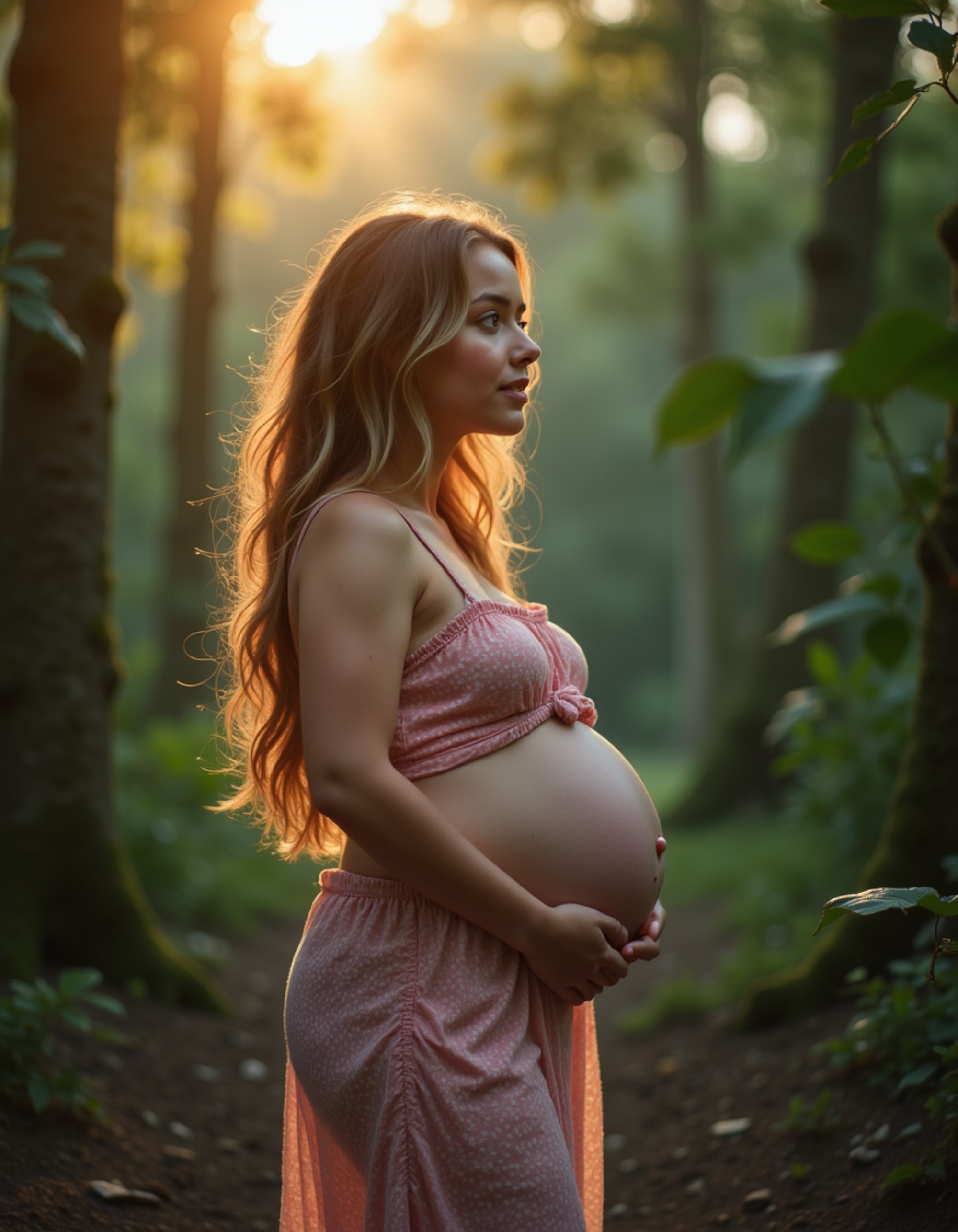 healthy pregnant model in maternity photographs, beautiful pregnant model, maternity photography in a lush tropical rainforest