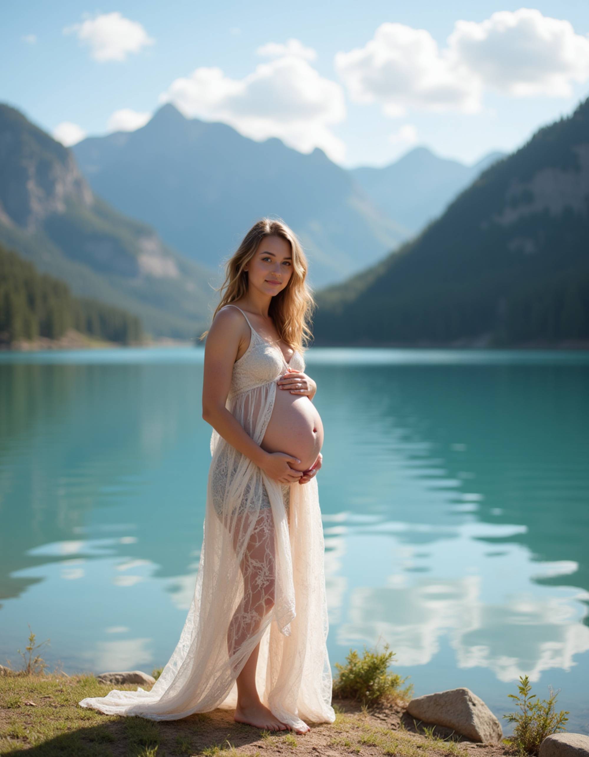 healthy pregnant model in maternity photographs, beautiful pregnant model, maternity photography by a crystal-clear alpine lake