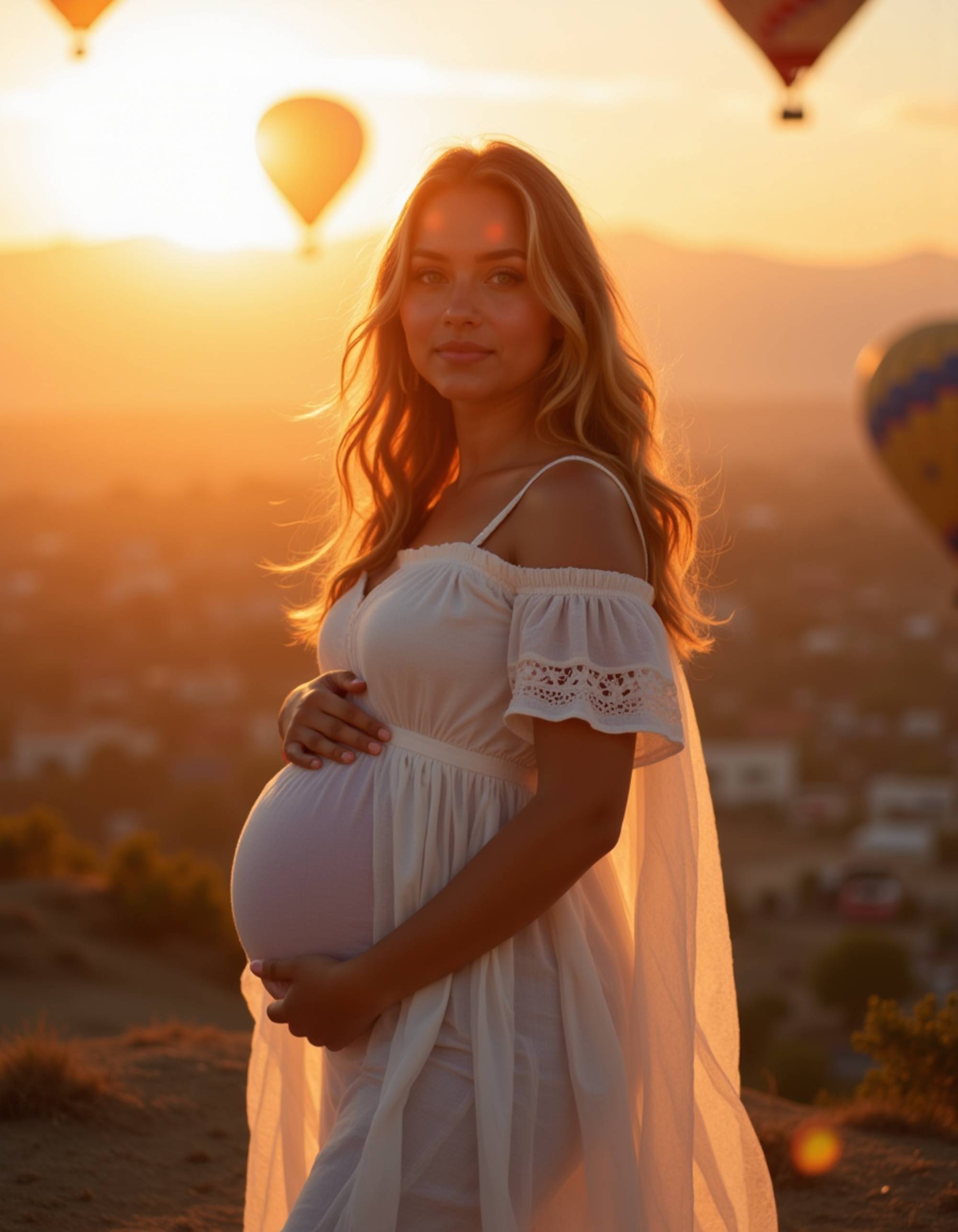 healthy pregnant model in maternity photographs, beautiful pregnant model, maternity photography amidst hot air balloons at dawn