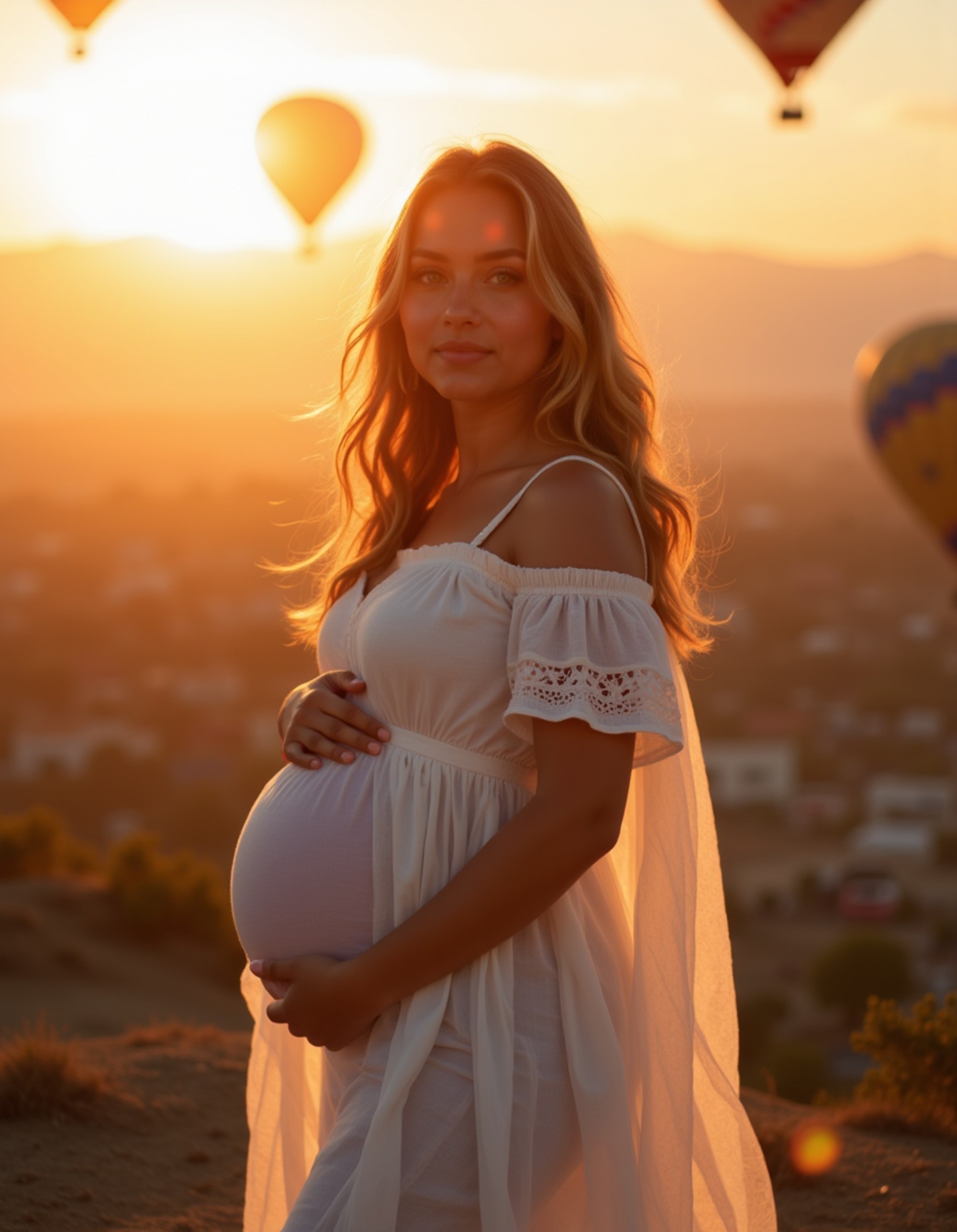 healthy pregnant model in maternity photographs, beautiful pregnant model, maternity photography amidst hot air balloons at dawn