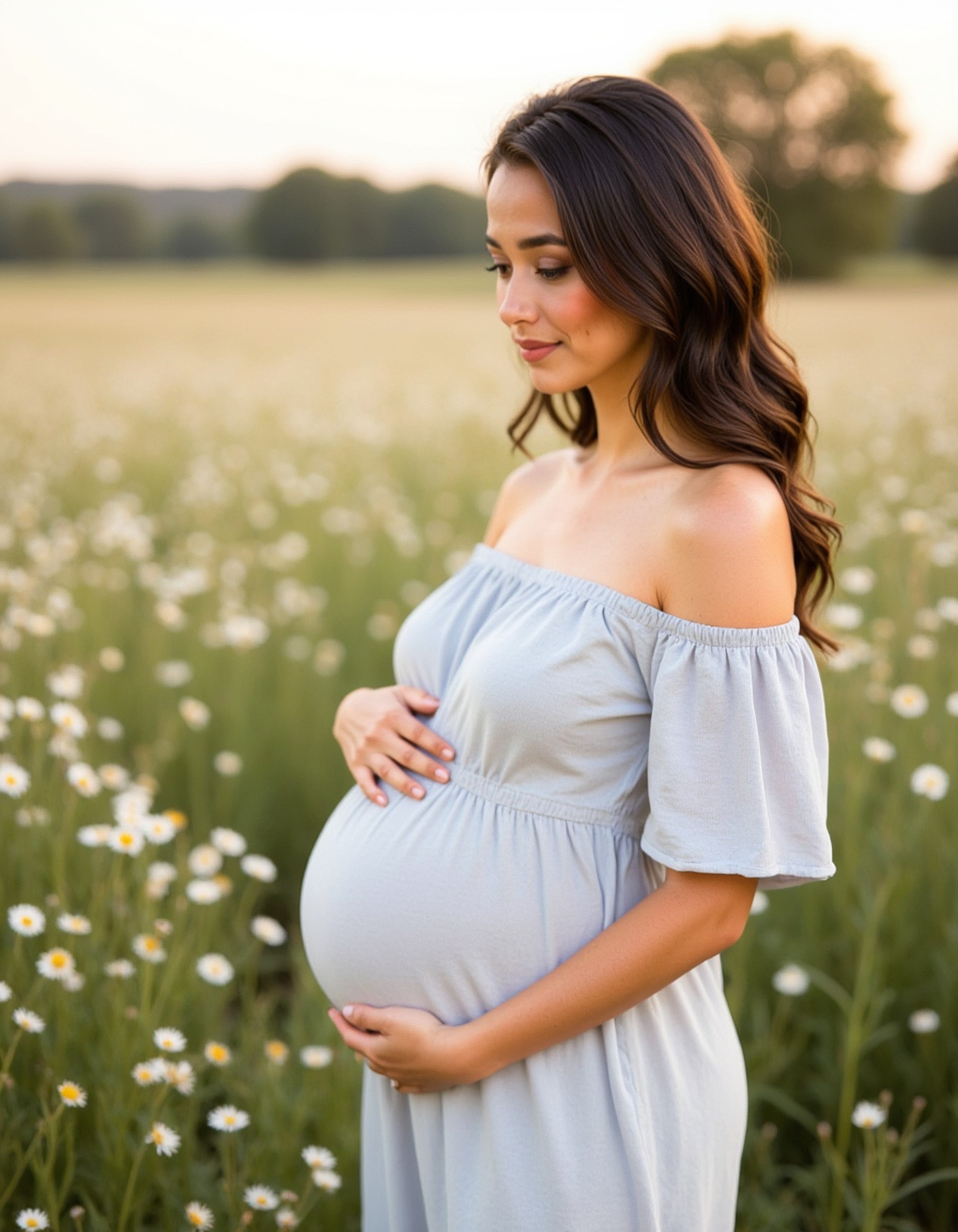 healthy pregnant model in maternity photographs, beautiful pregnant model, maternity photography in a field of swaying daisies