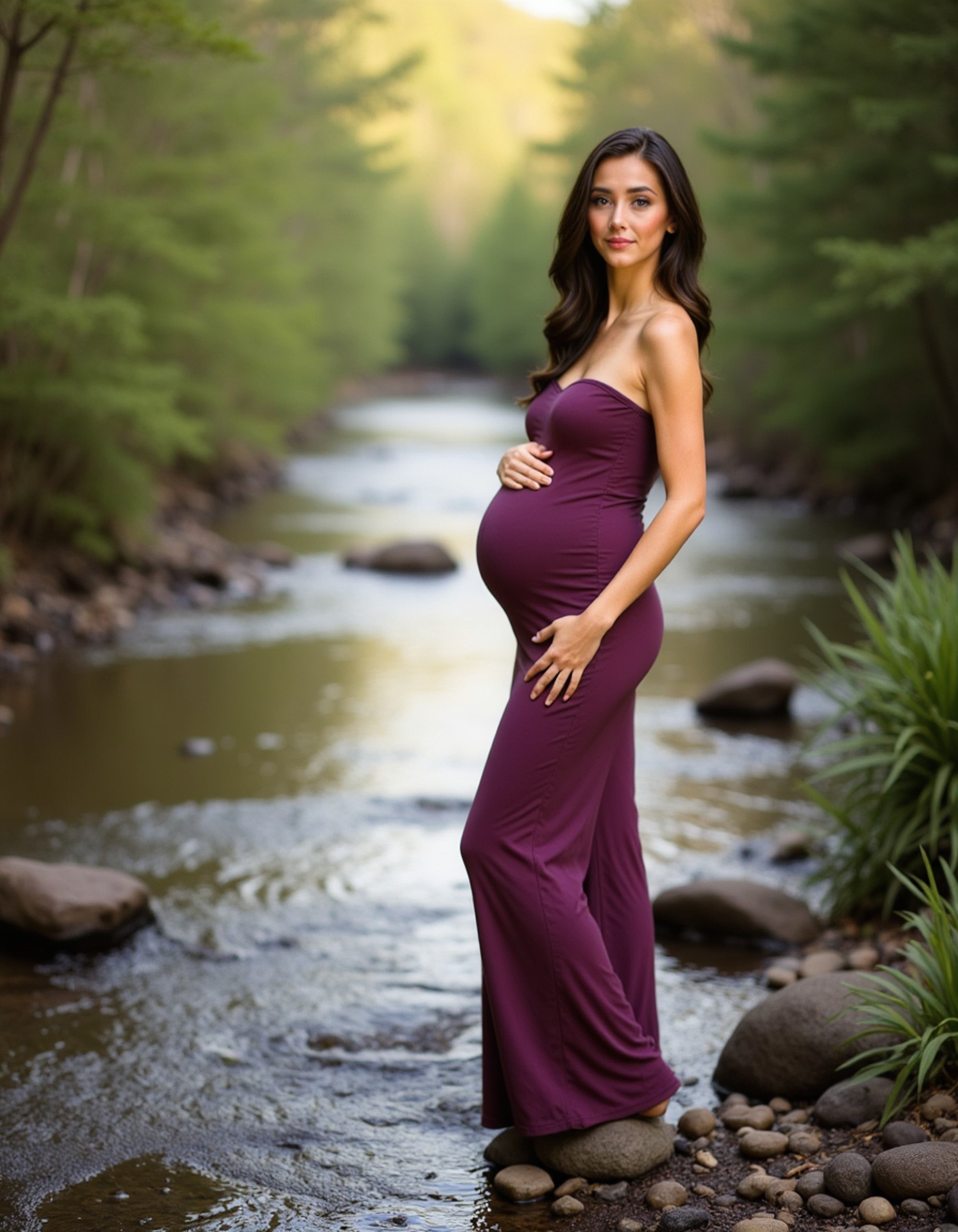 healthy pregnant model in maternity photographs, beautiful pregnant model, maternity photography by a gentle stream in a pine forest